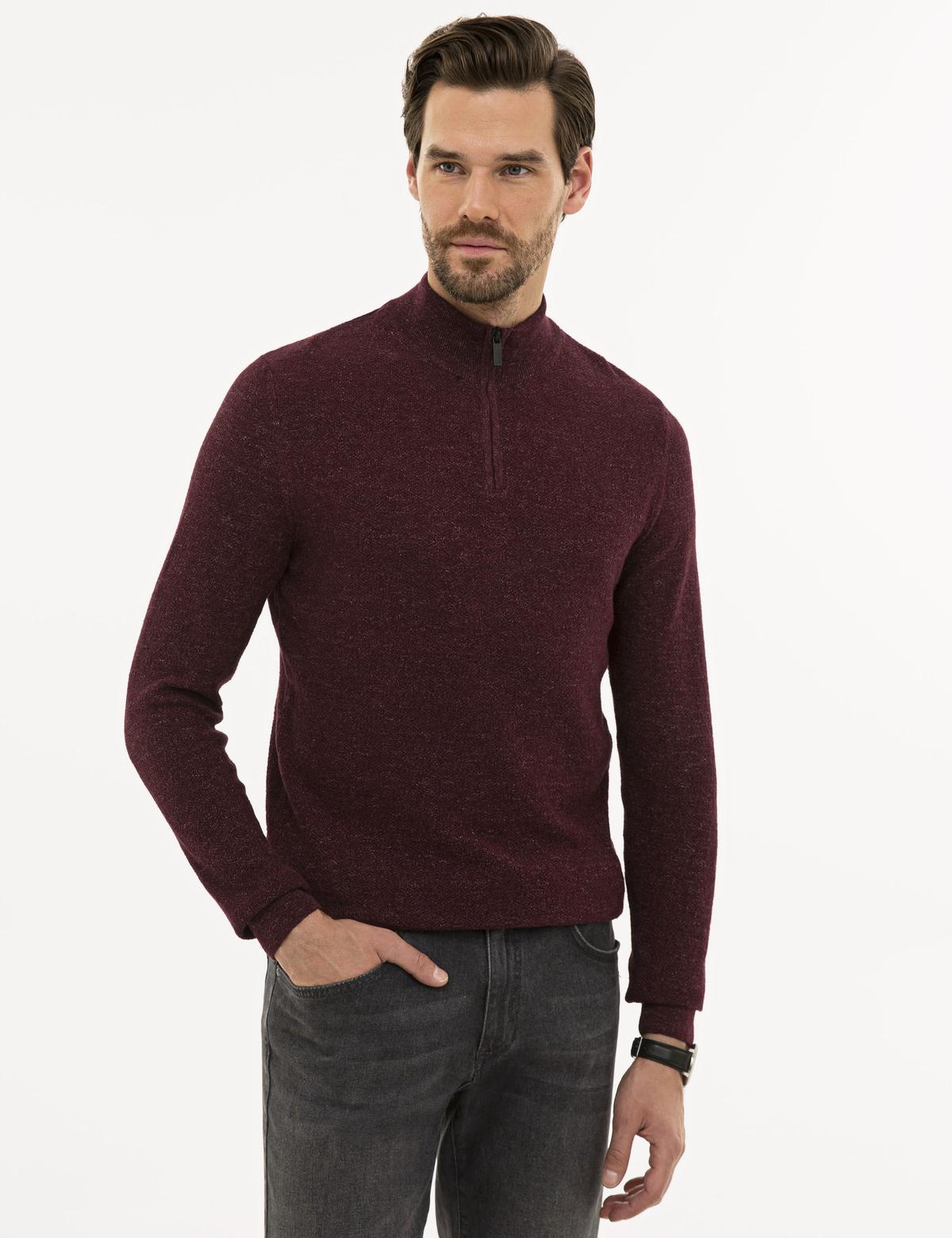 Bordo Slim Fit Fermuarlı Dik Yaka Triko Kazak