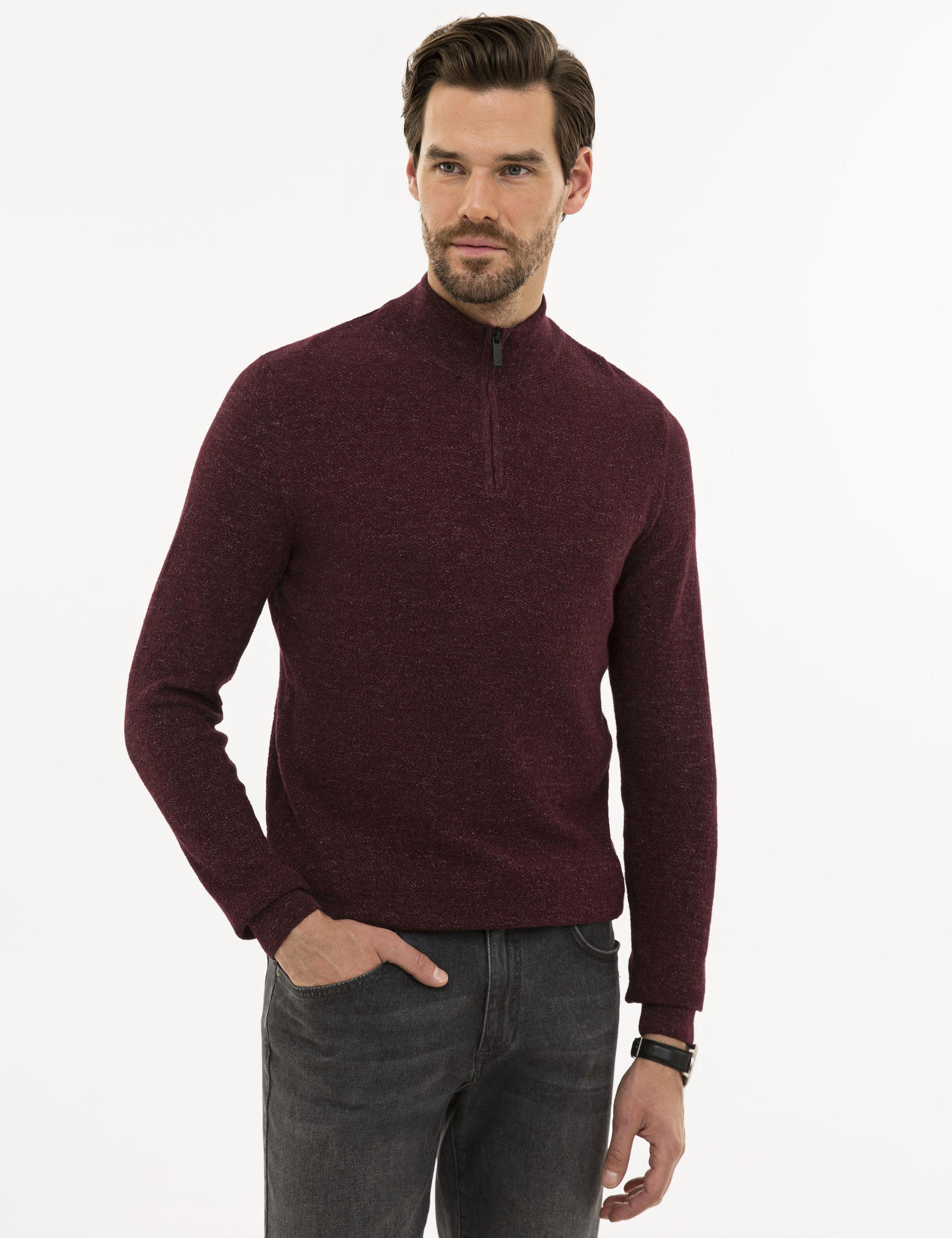 Bordo Slim Fit Fermuarlı Dik Yaka Triko Kazak