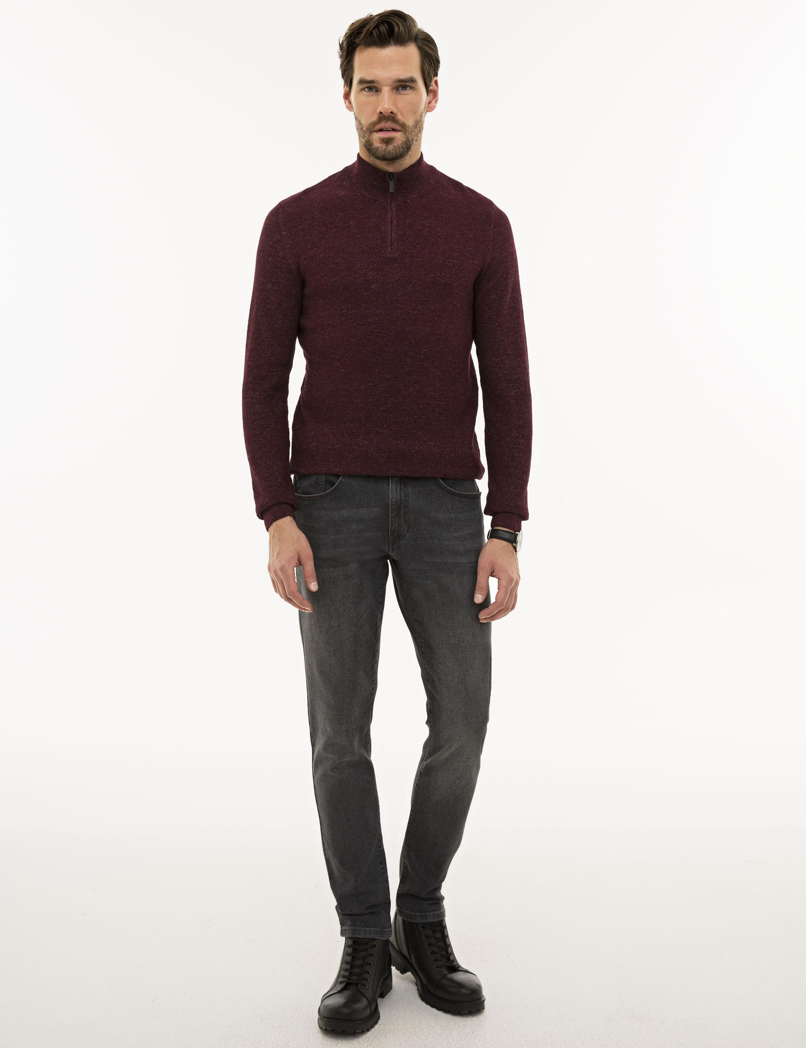Bordo Slim Fit Fermuarlı Dik Yaka Triko Kazak