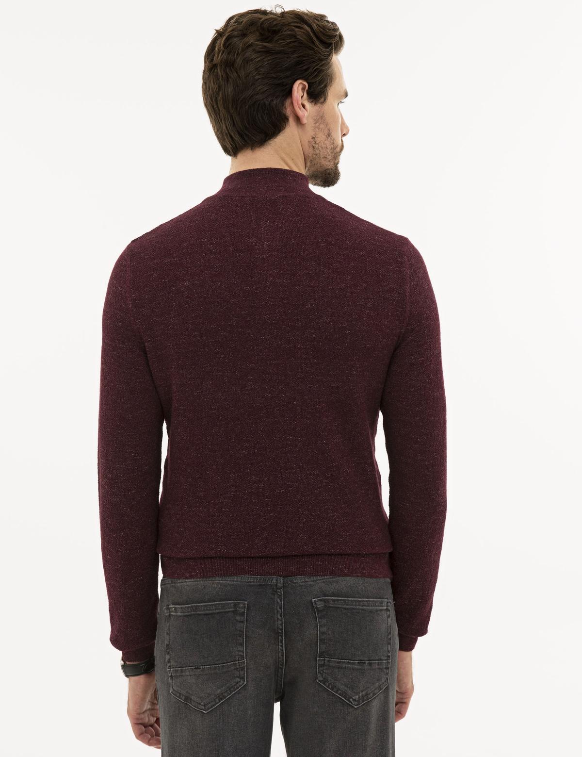Bordo Slim Fit Fermuarlı Dik Yaka Triko Kazak - 50228389047