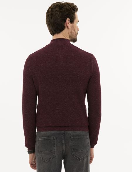 Bordo Slim Fit Fermuarlı Dik Yaka Triko Kazak - 50228389047