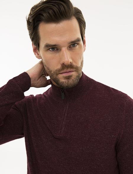 Bordo Slim Fit Fermuarlı Dik Yaka Triko Kazak - 50228389047