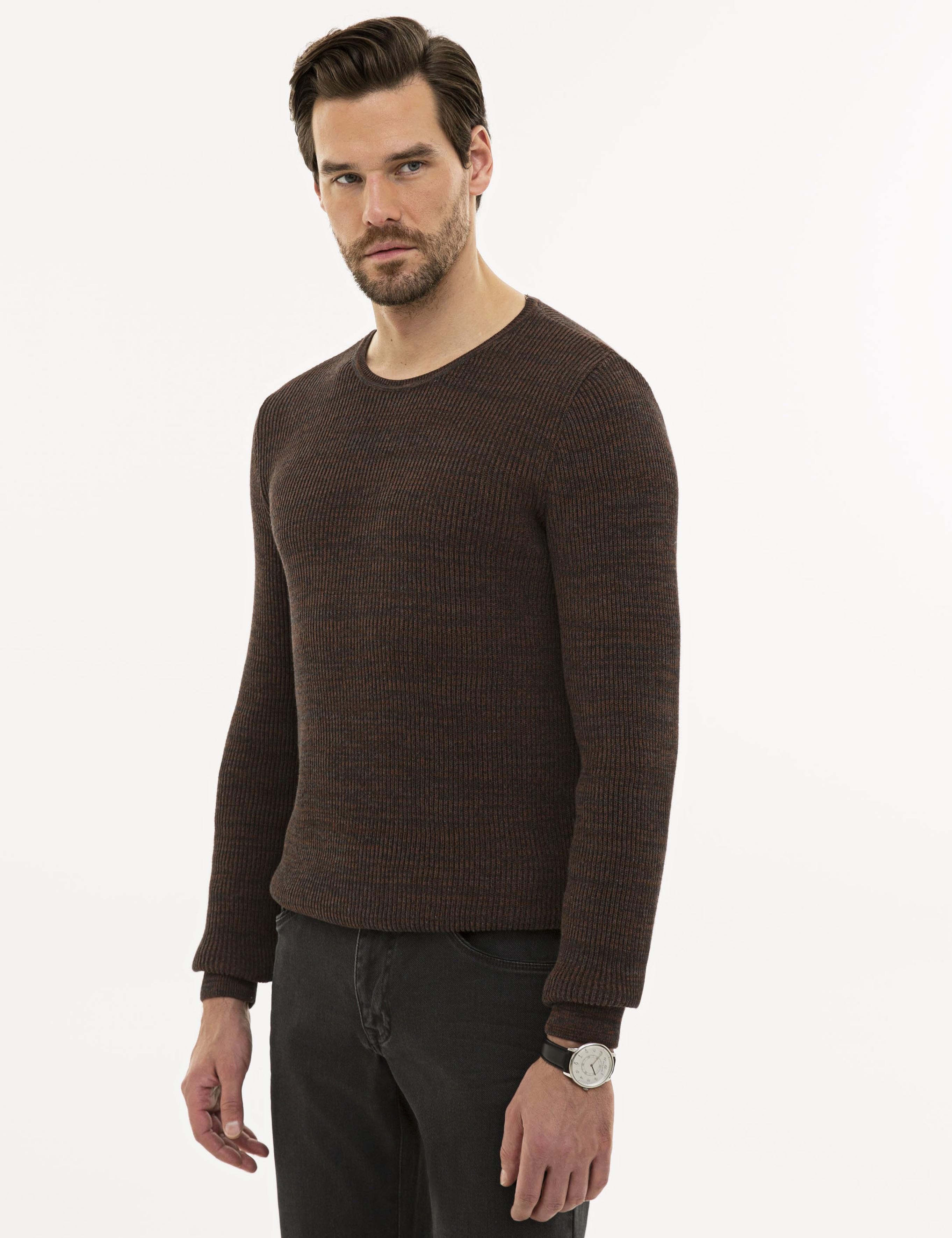 Kahverengi Slim Fit Bisiklet Yaka Triko Kazak