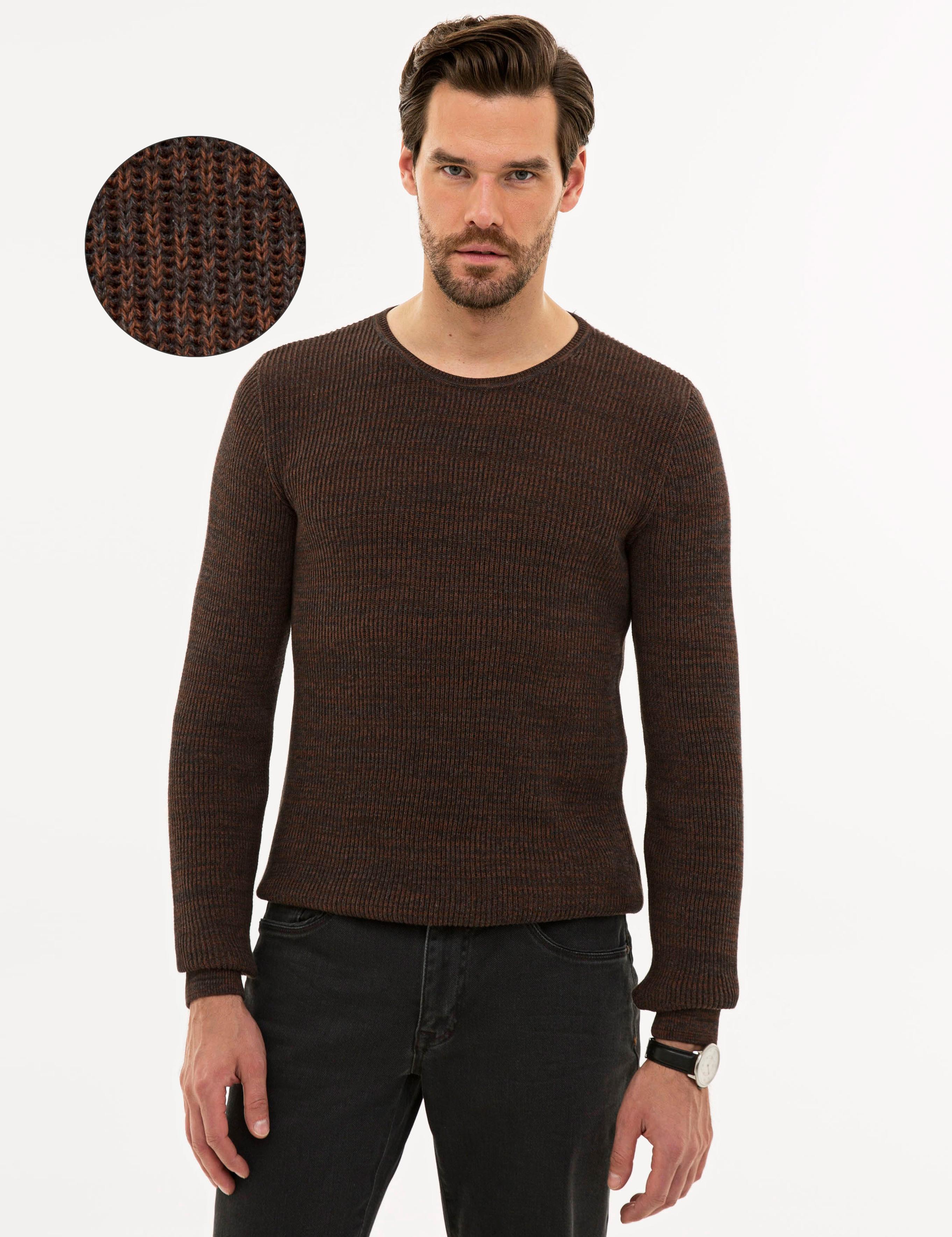 Kahverengi Slim Fit Bisiklet Yaka Triko Kazak