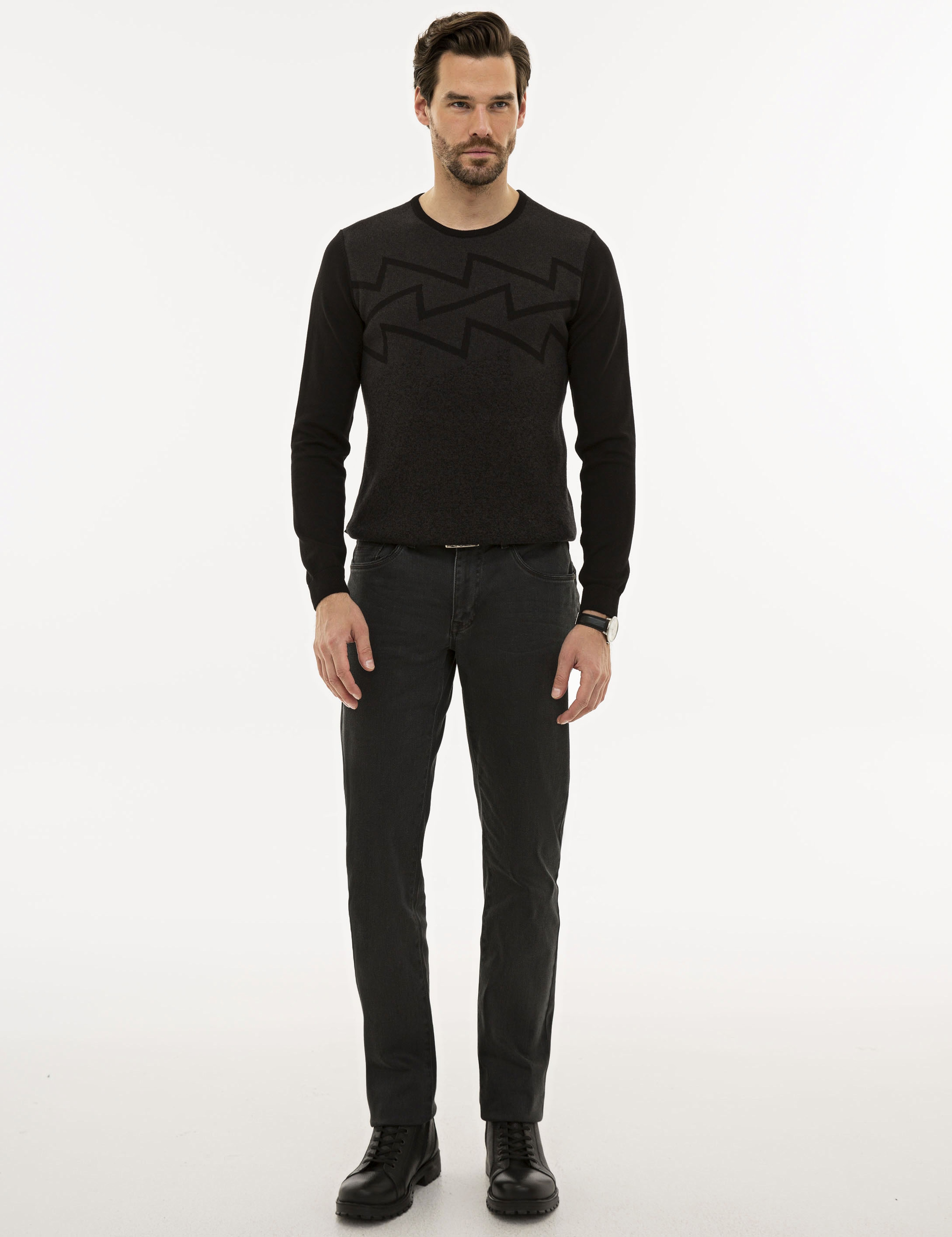 Siyah Slim Fit Triko Kazak - Image 5