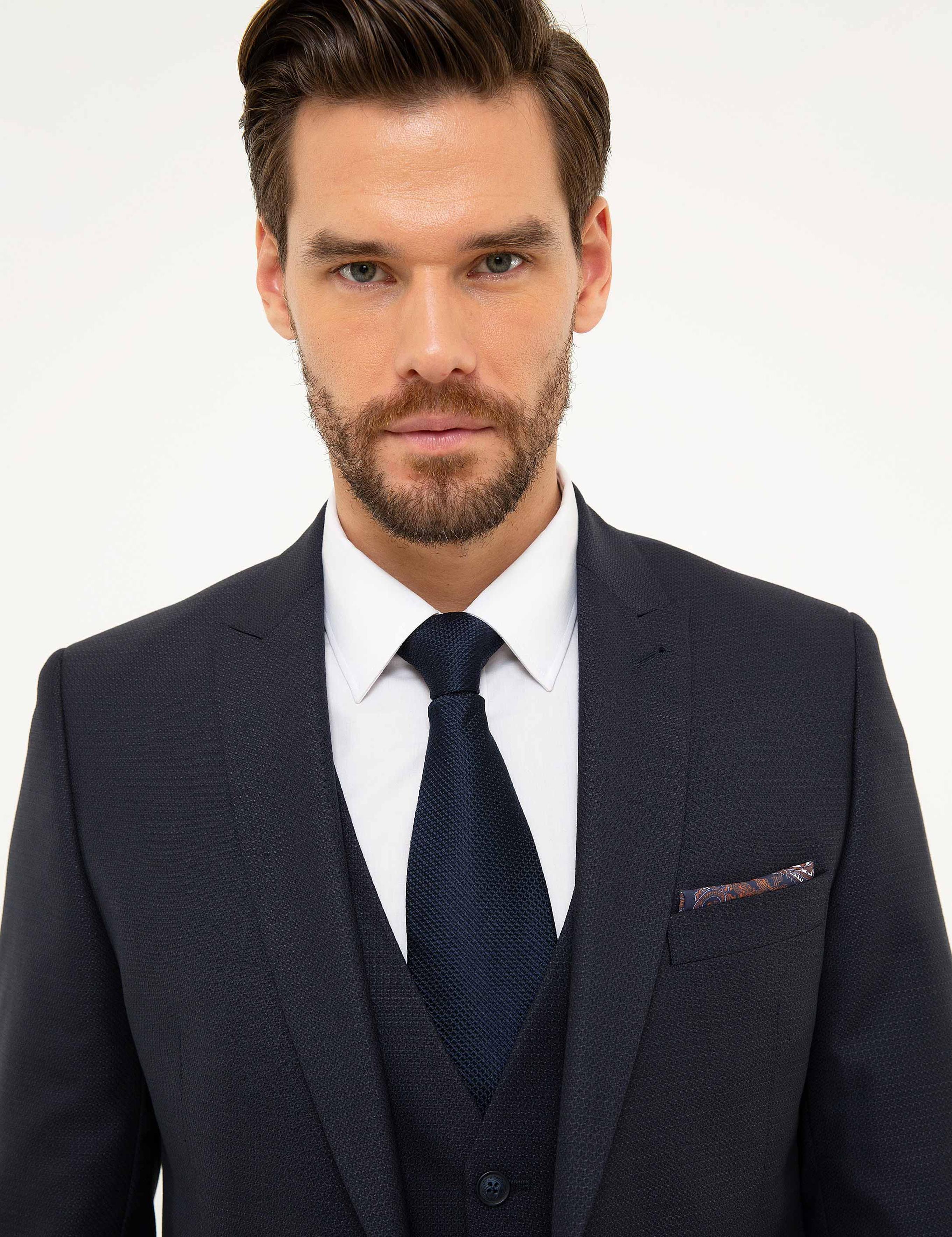 Lacivert Ekstra Slim Fit Yelekli Takım Elbise