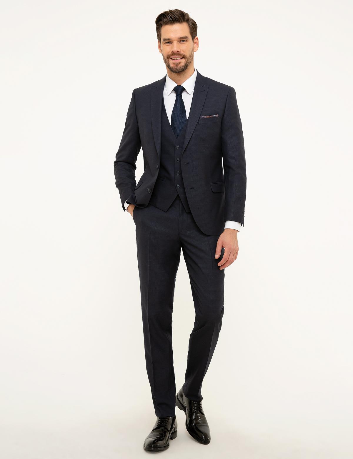 Lacivert Ekstra Slim Fit Yelekli Takım Elbise