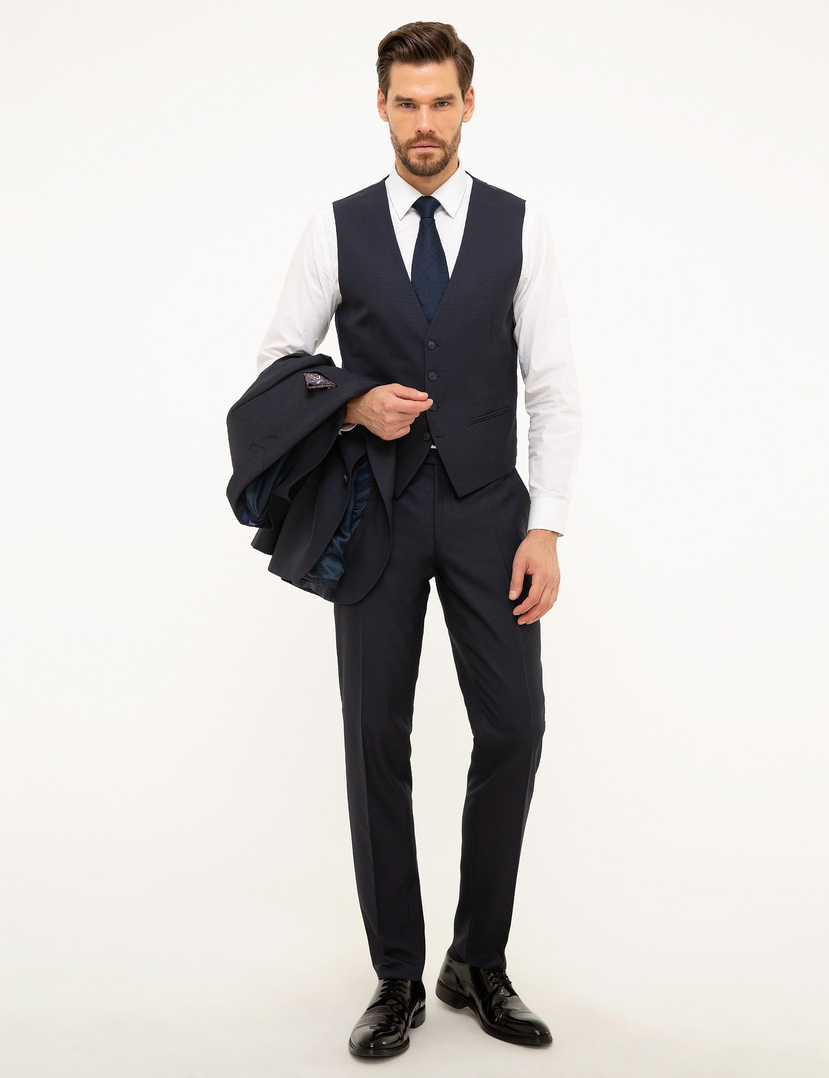 Lacivert Ekstra Slim Fit Yelekli Takım Elbise