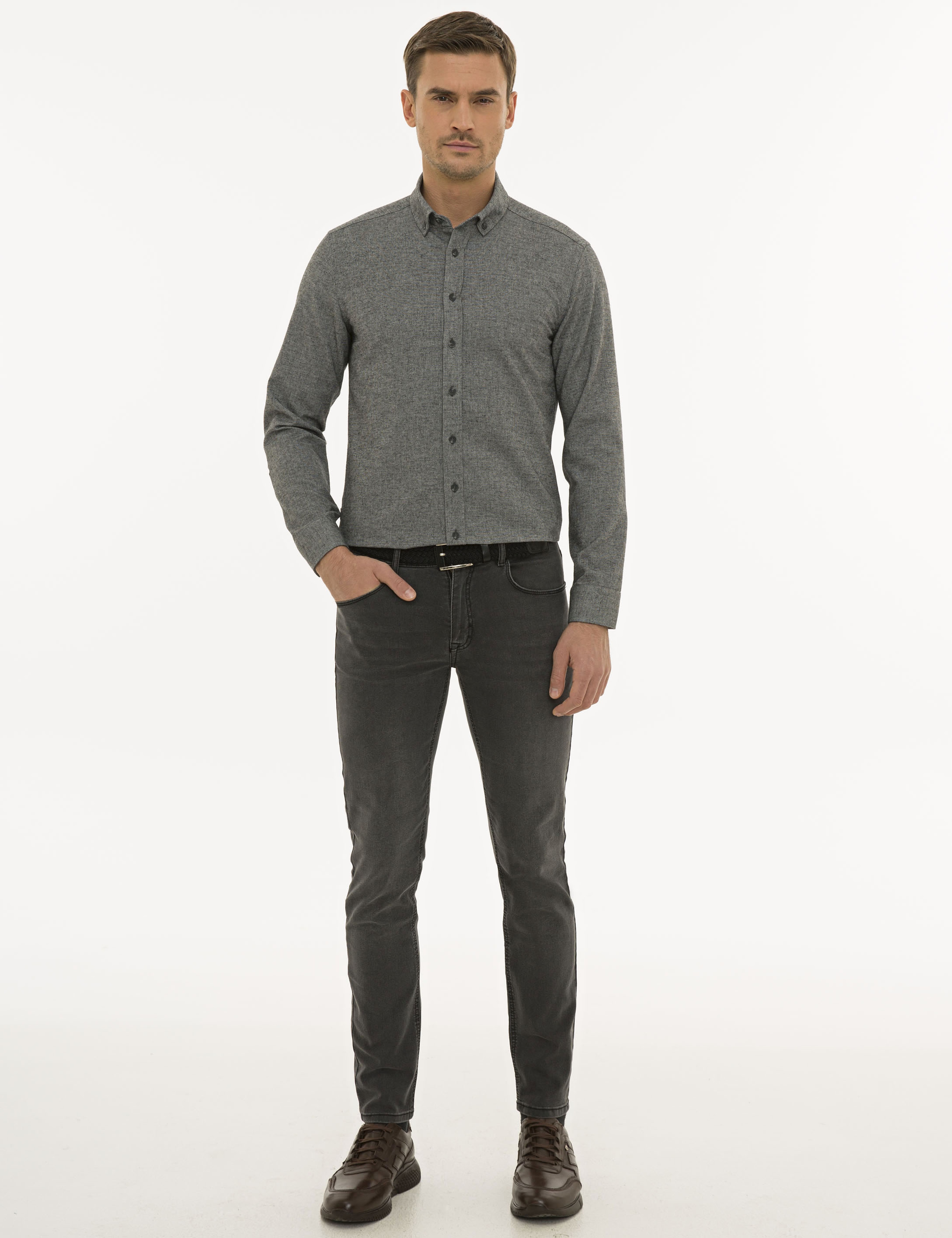 Gri Slim Fit Uzun Kollu Gömlek