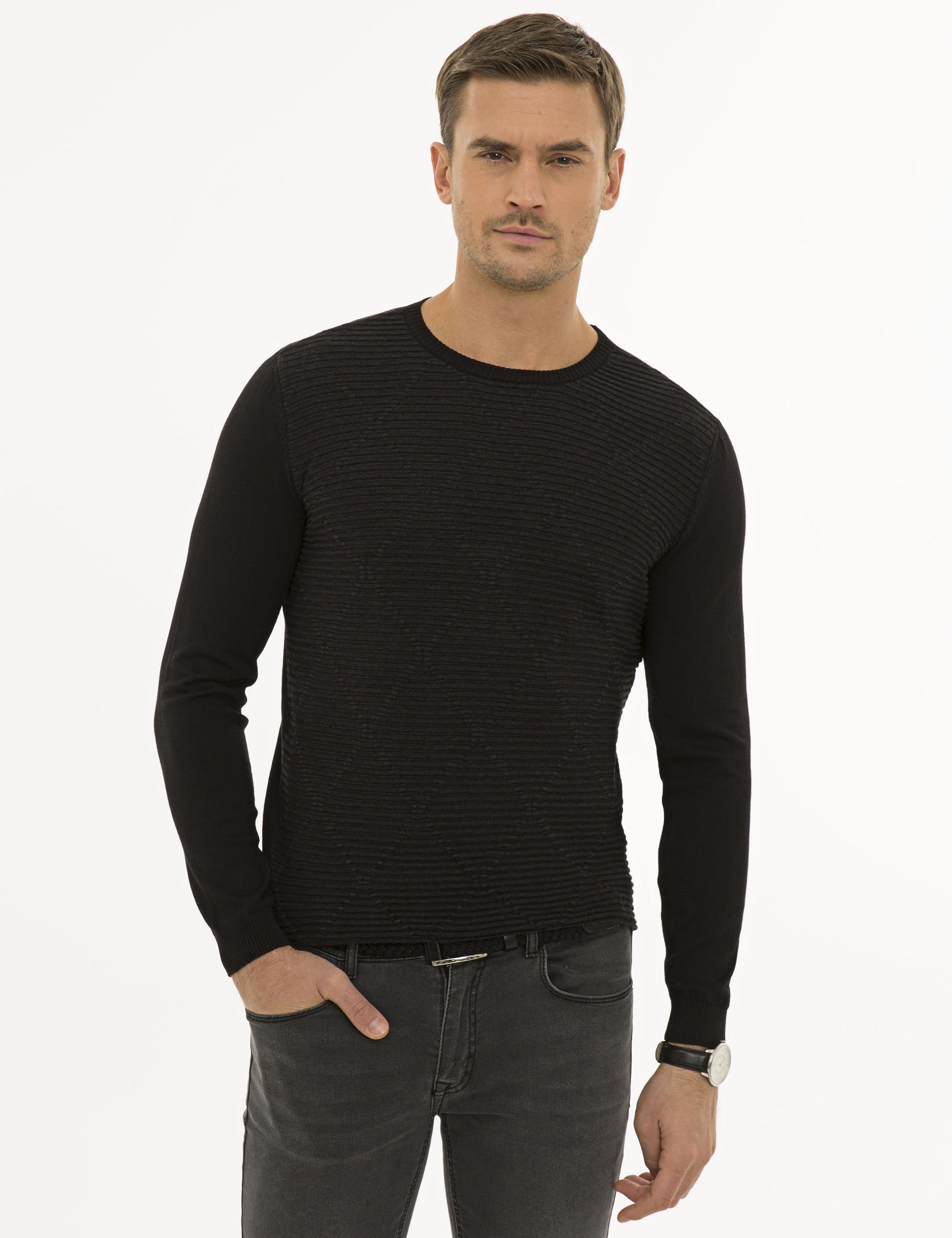 Siyah Slim Fit Bisiklet Yaka Triko Kazak