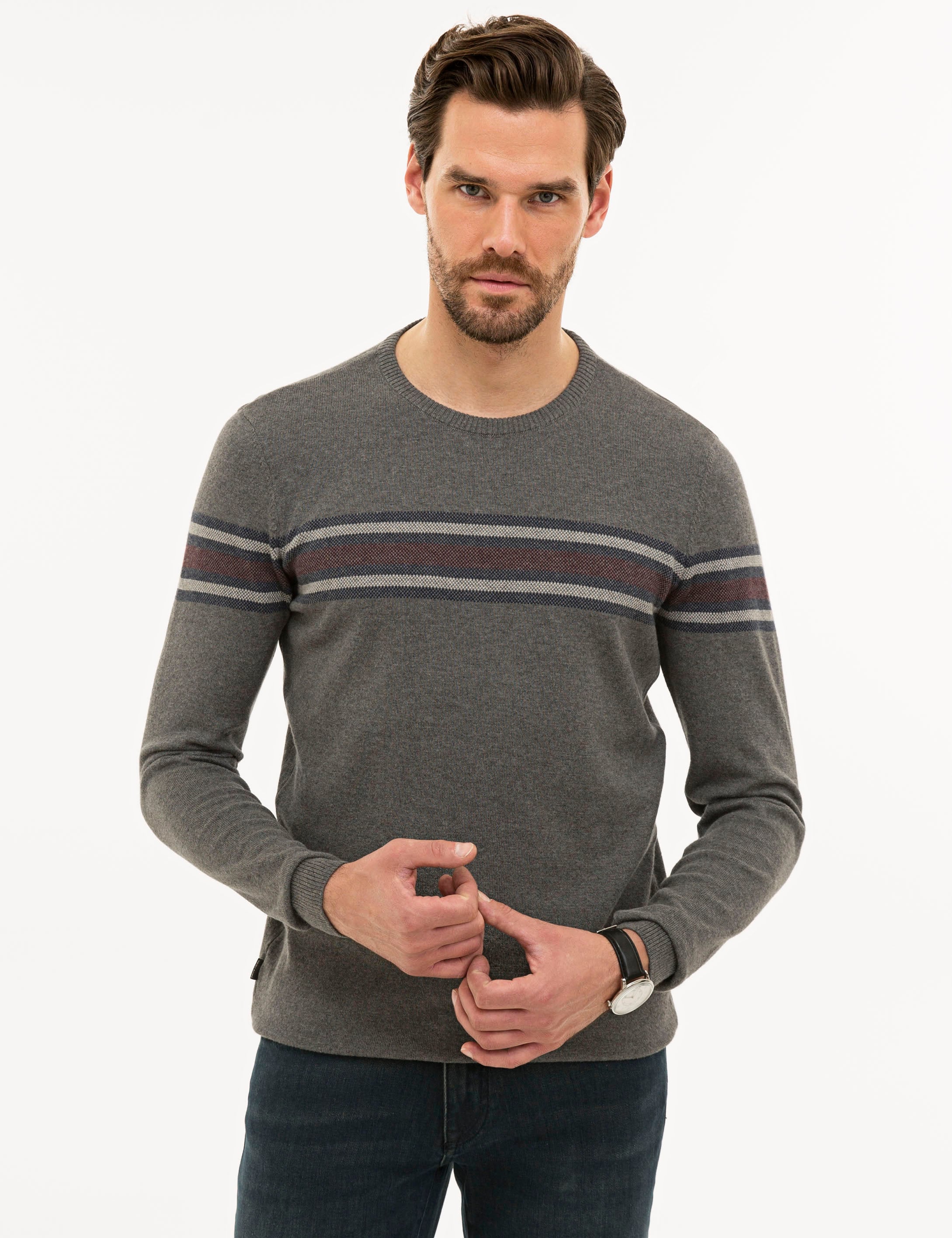 Gri Melanj Slim Fit Triko Kazak - Image 1