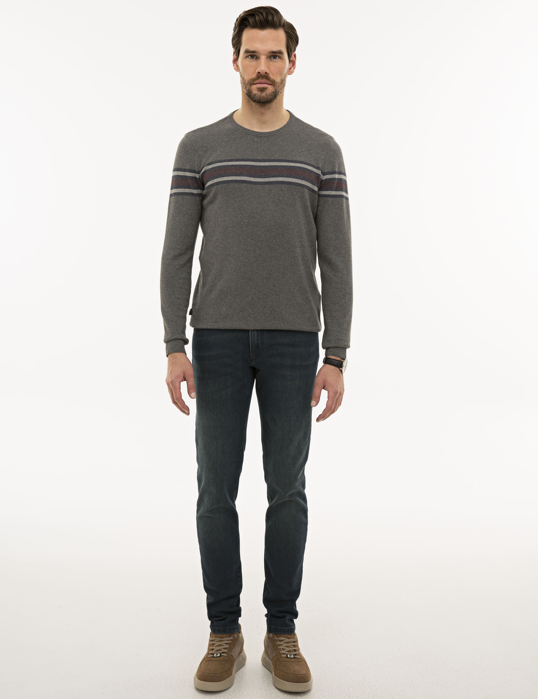 Gri Melanj Slim Fit Triko Kazak