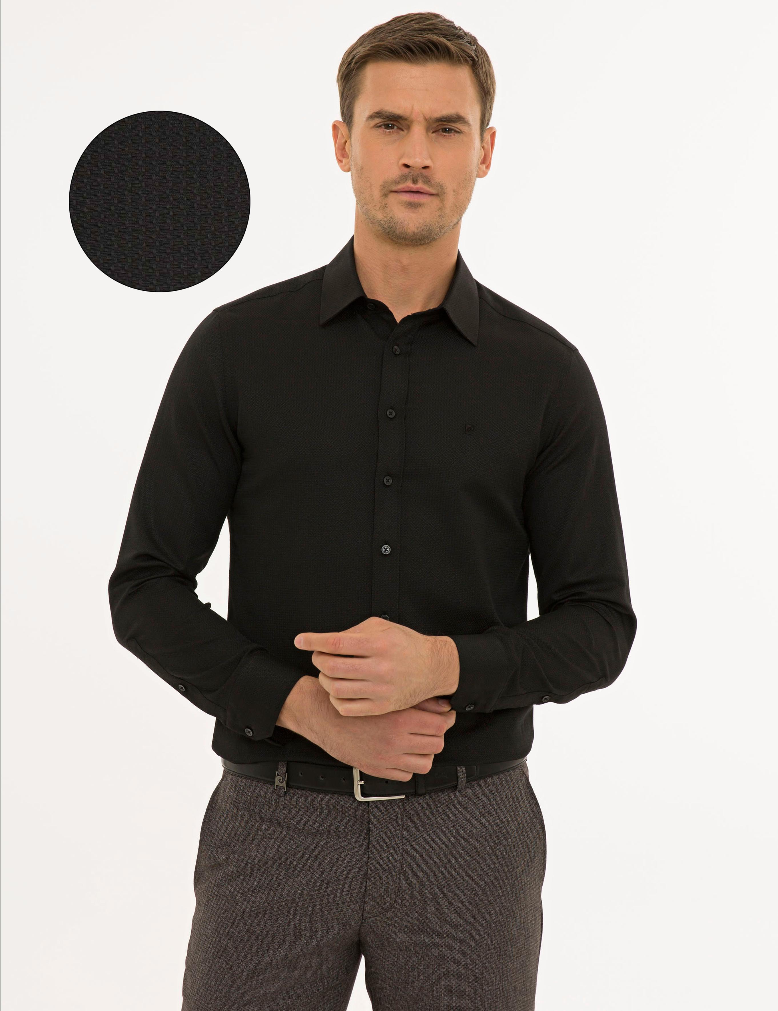Siyah Slim Fit Armürlü Gömlek