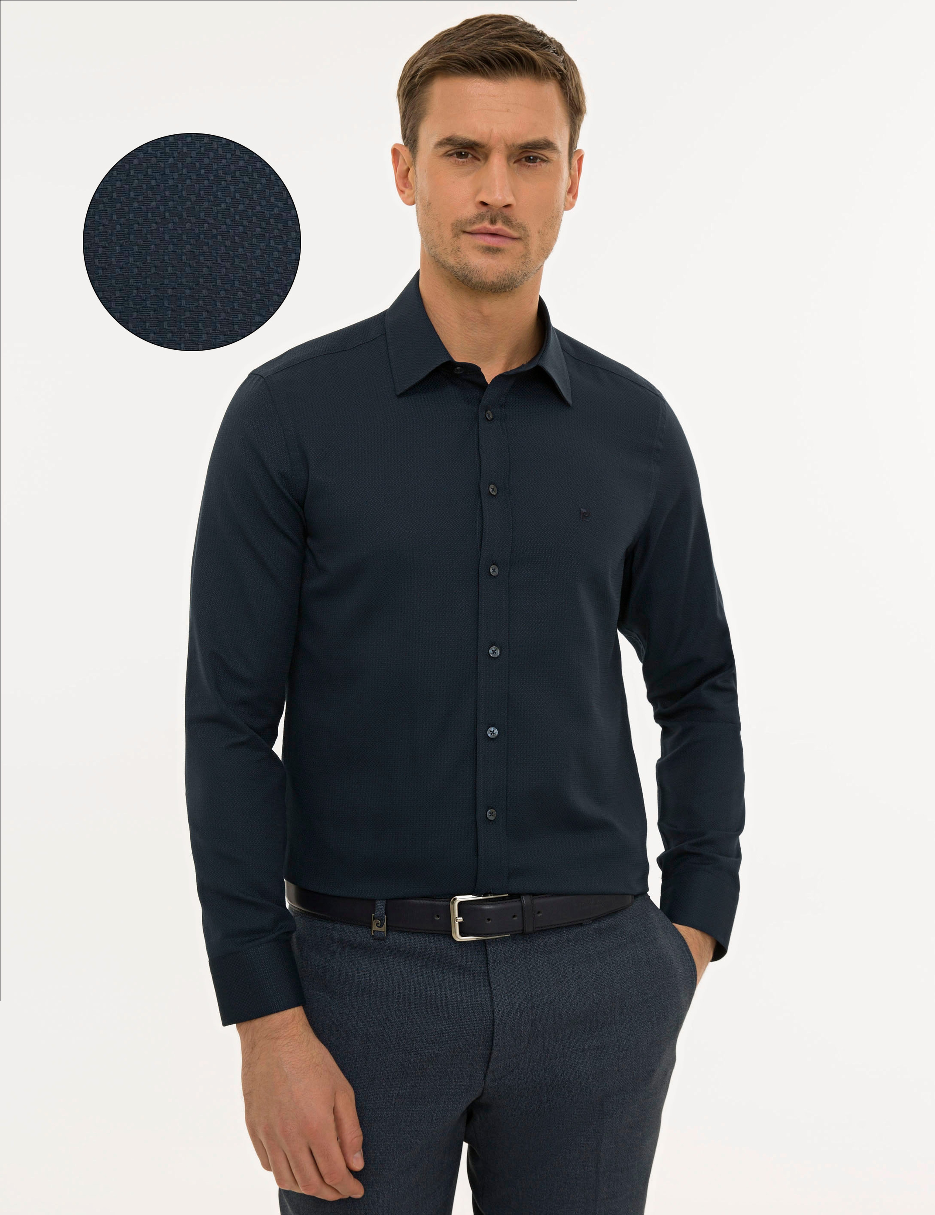 Lacivert Slim Fit Armürlü Gömlek