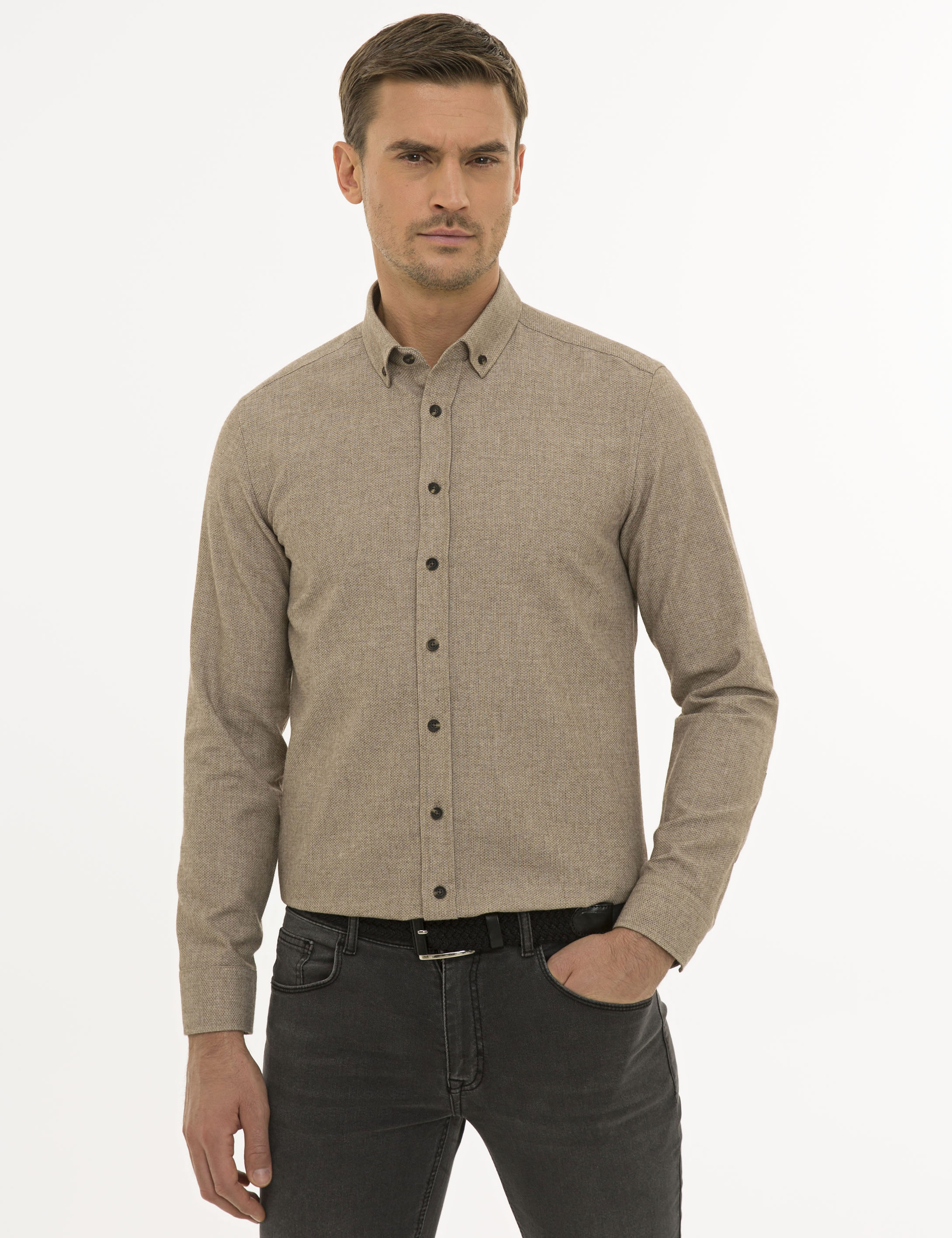 Bej Slim Fit Uzun Kollu Gömlek