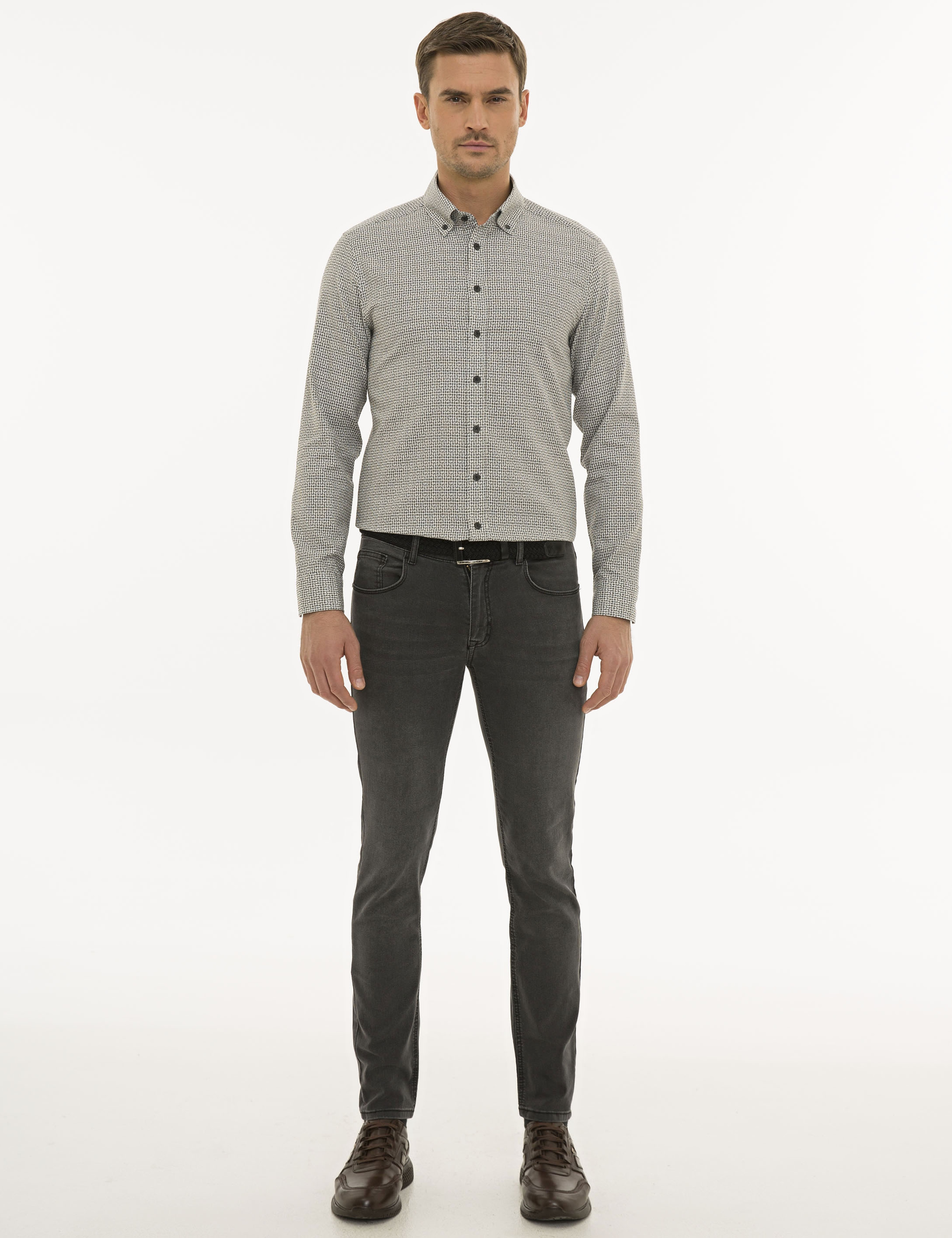 Gri Slim Fit Uzun Kollu Gömlek