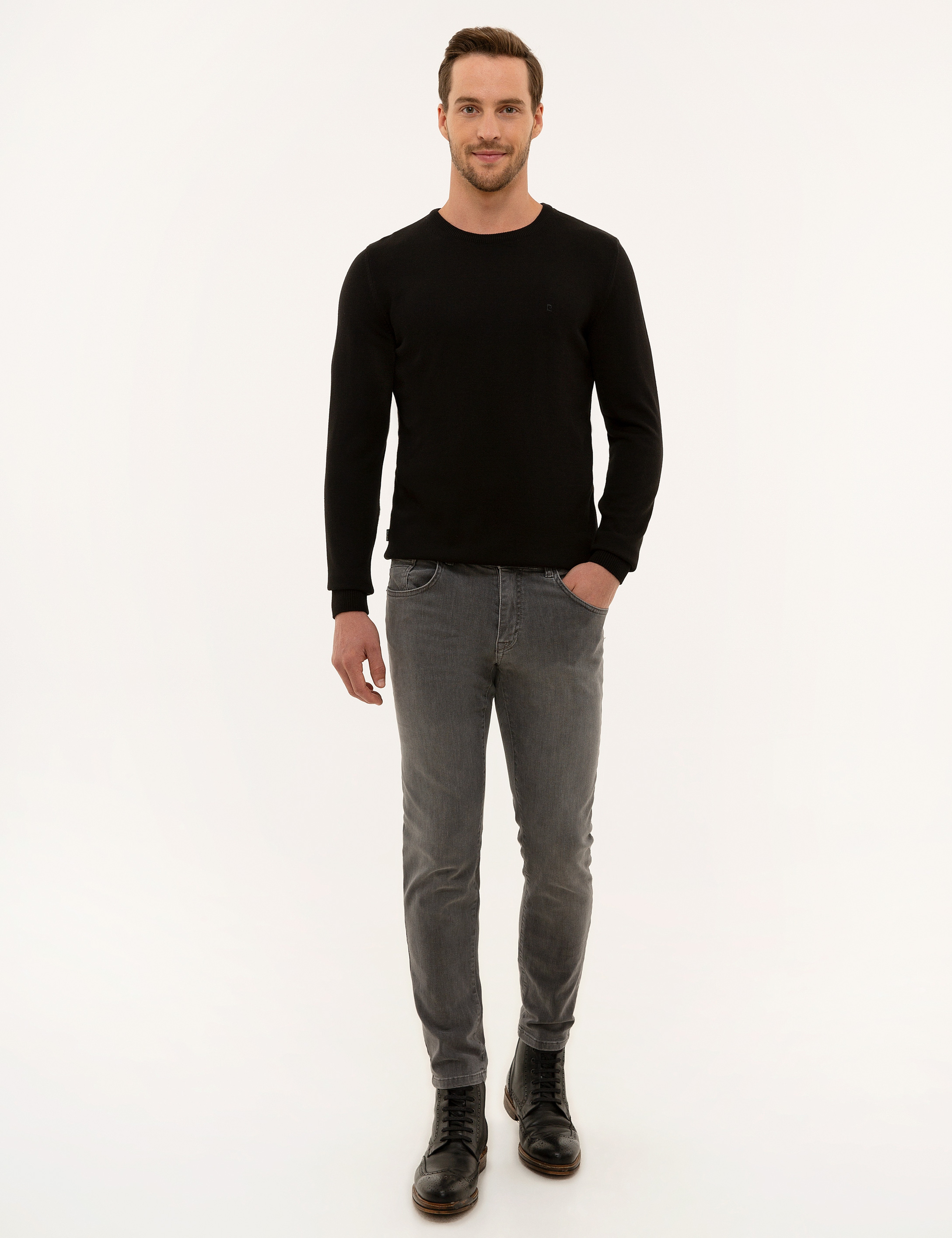 Siyah Slim Fit Bisiklet Yaka Basic Triko Kazak