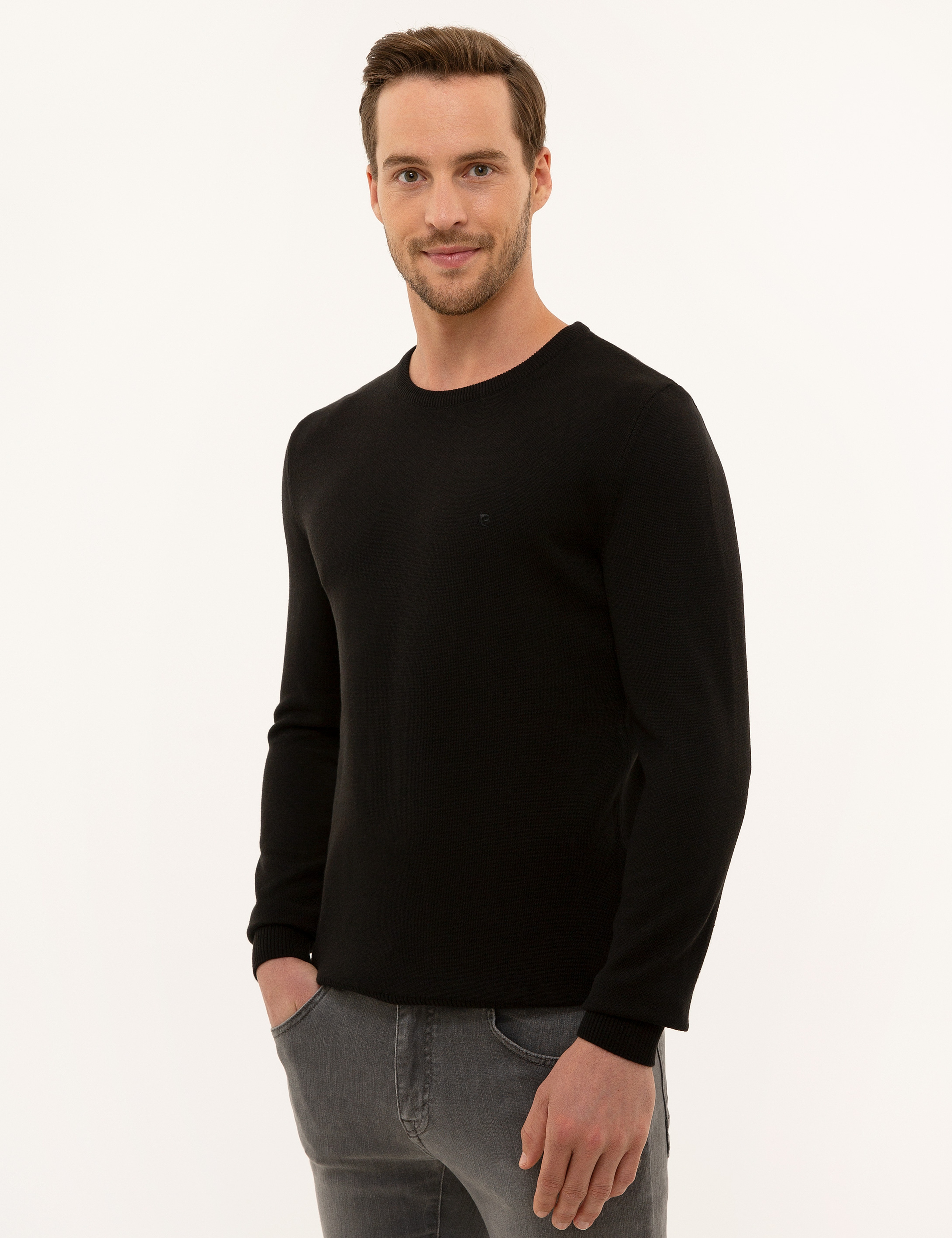 Siyah Slim Fit Bisiklet Yaka Basic Triko Kazak - Image 3