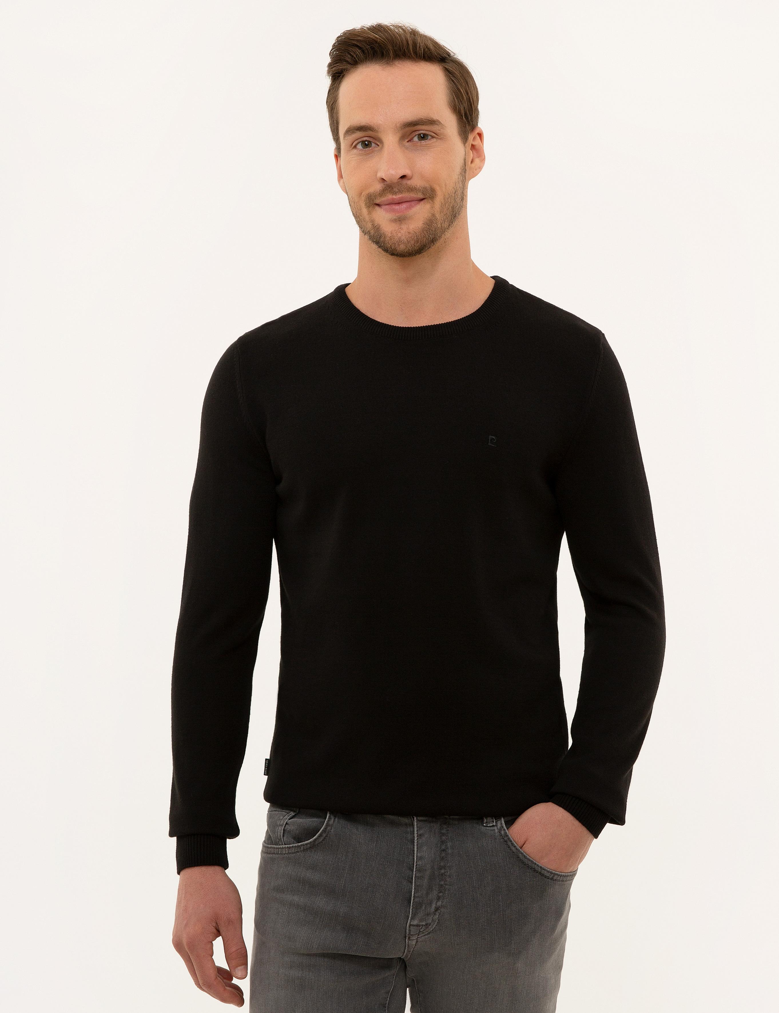 Siyah Slim Fit Bisiklet Yaka Basic Triko Kazak