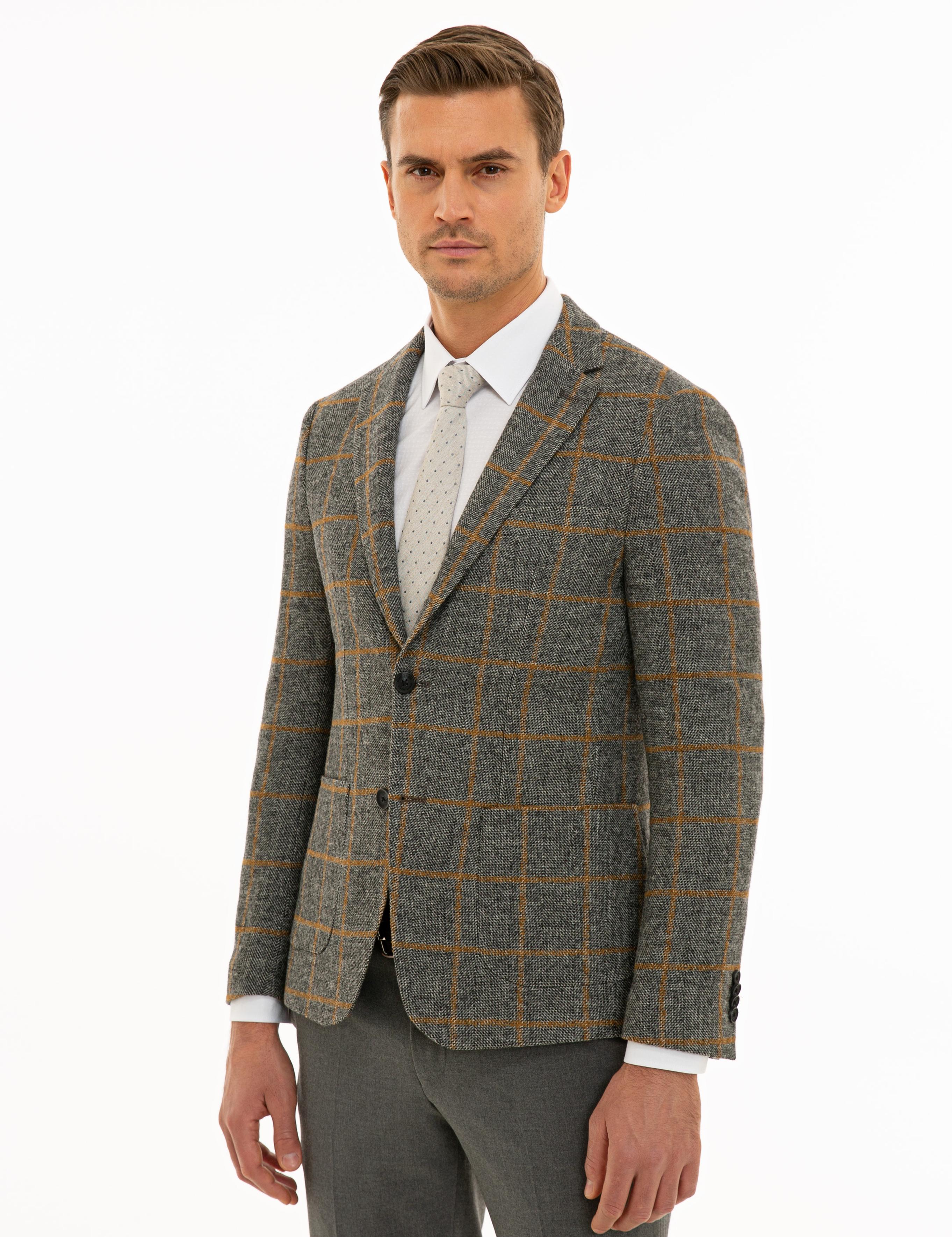 Ekose Gri Ex. Slim Fit Ceket