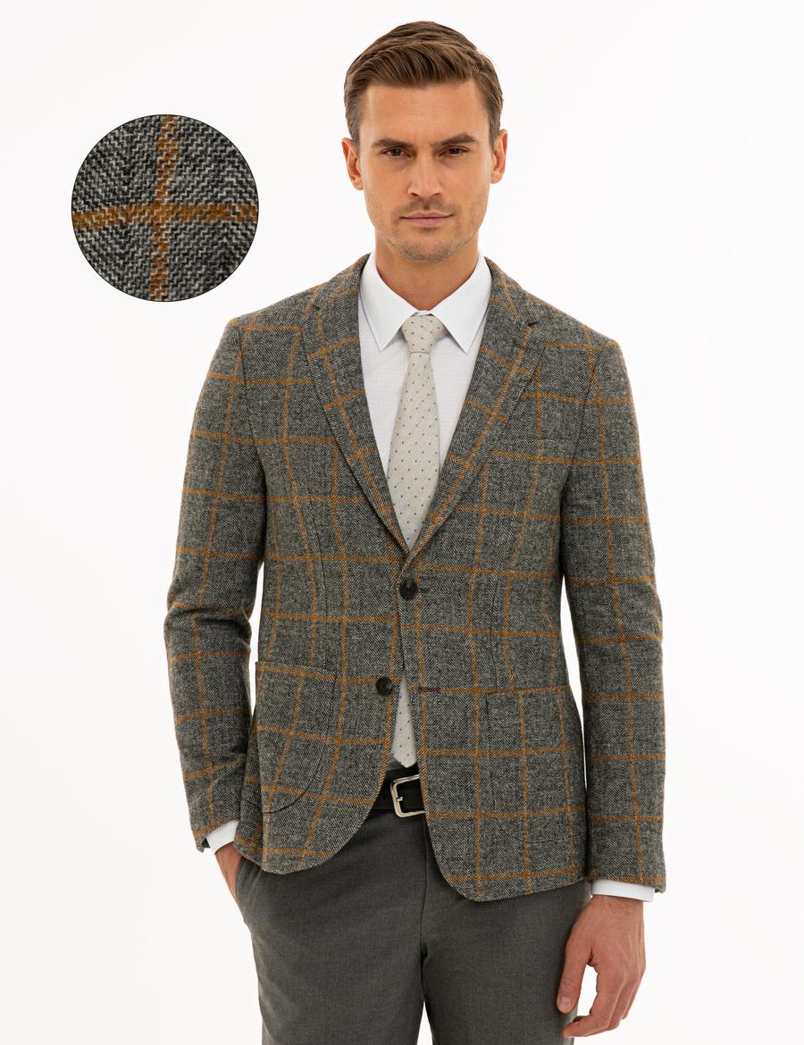 Ekose Gri Ex. Slim Fit Ceket