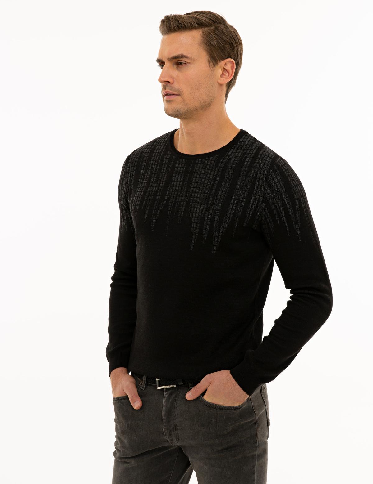 Siyah Slim Fit Bisiklet Yaka Triko Kazak - 50227828033