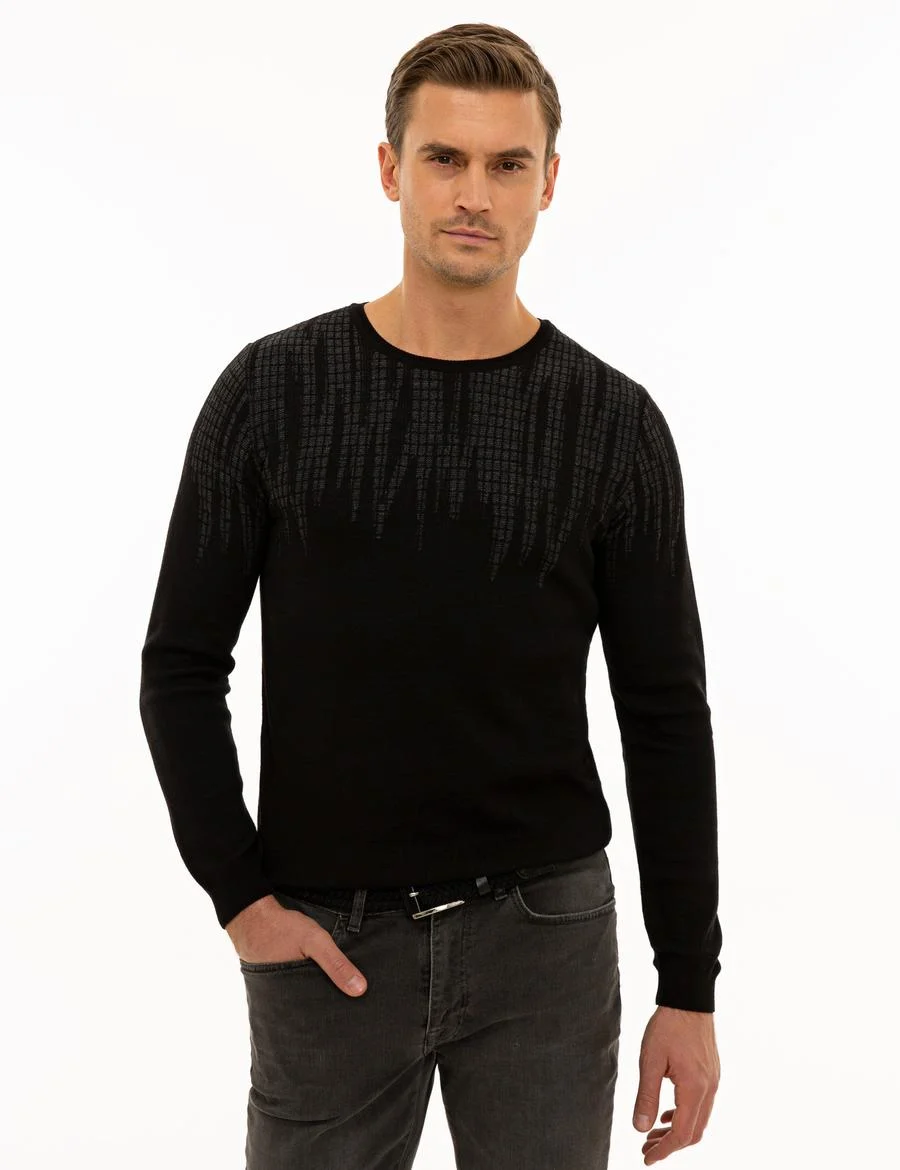 Siyah Slim Fit Bisiklet Yaka Triko Kazak