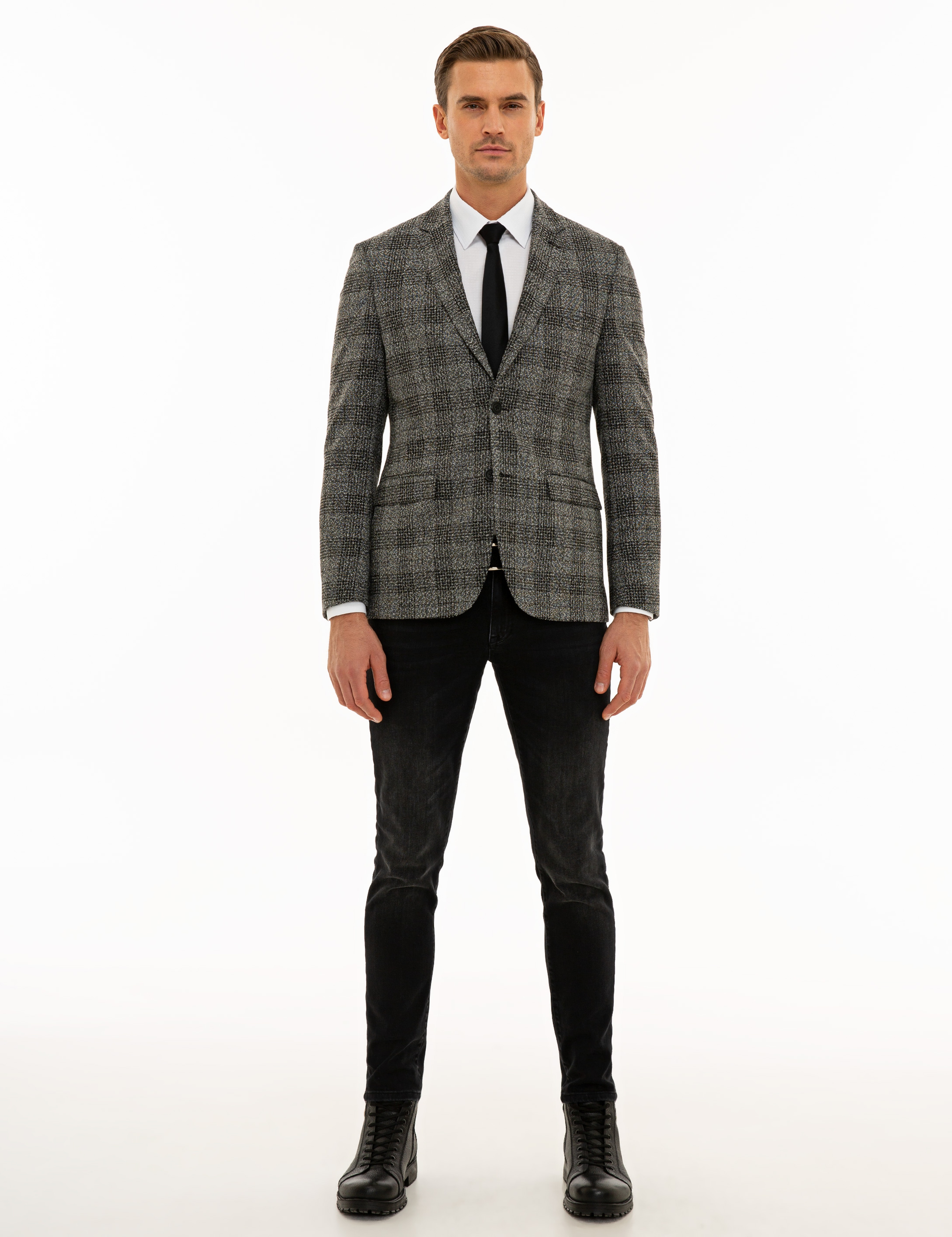 Ekose Gri Slim Fit Ceket - Image 5