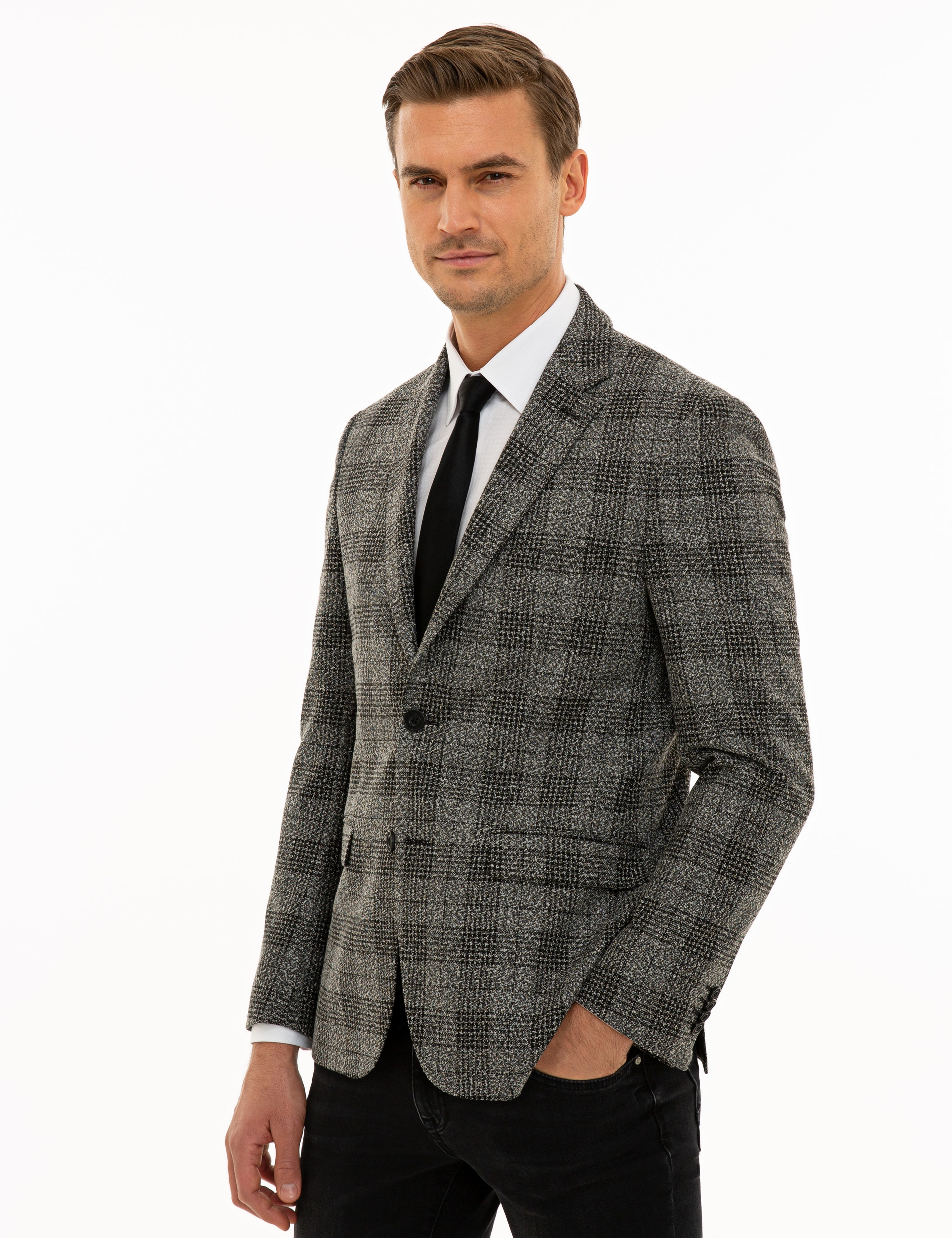 Ekose Gri Slim Fit Ceket - Image 3