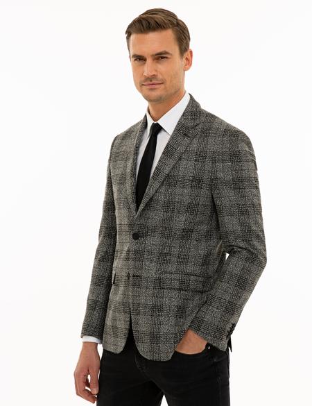 Ekose Gri Slim Fit Ceket - 50228517053