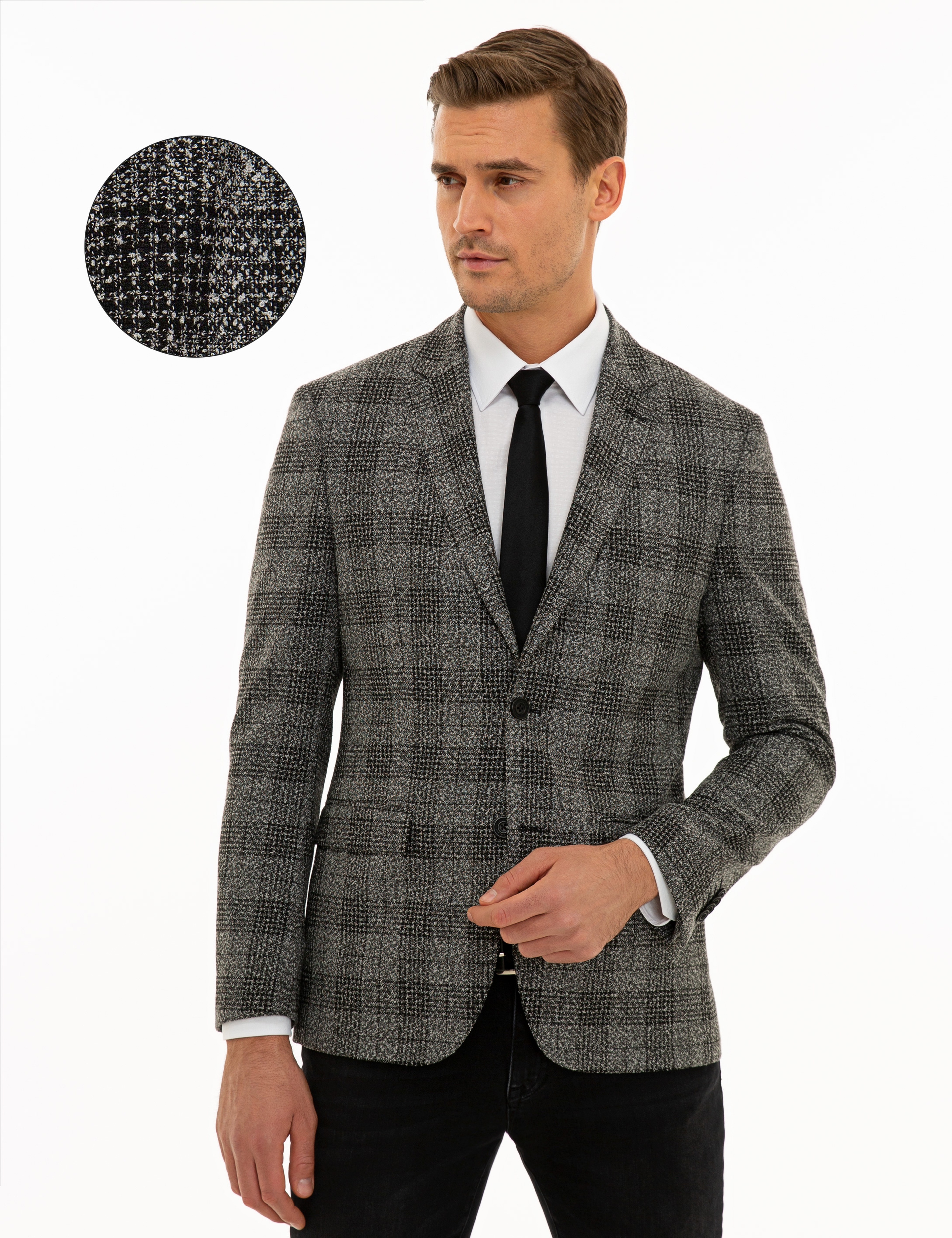 Ekose Gri Slim Fit Ceket - Image 1