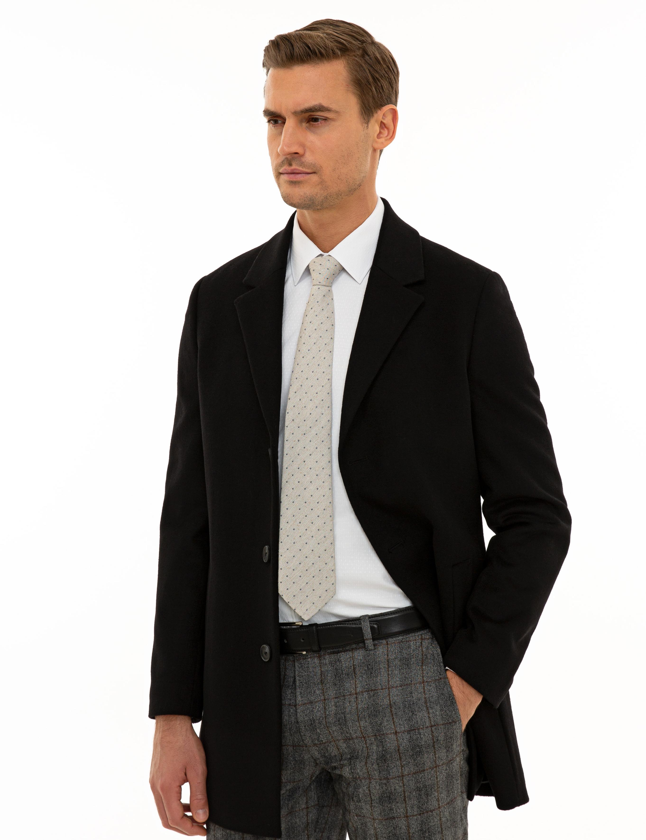 Siyah Ex. Slim Fit Kaşe Kaban