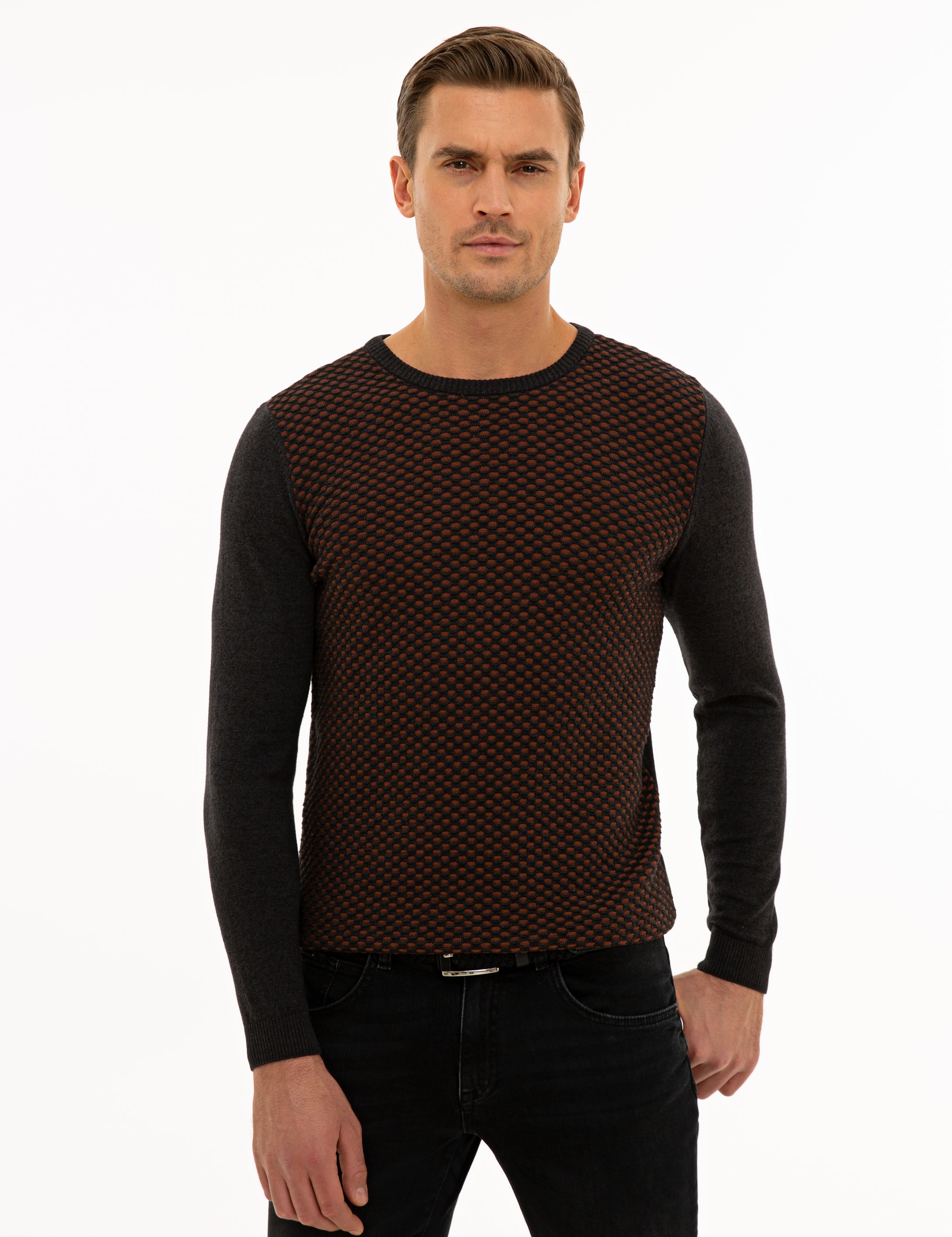 Antrasit Melanj Slim Fit Triko Kazak - Image 1