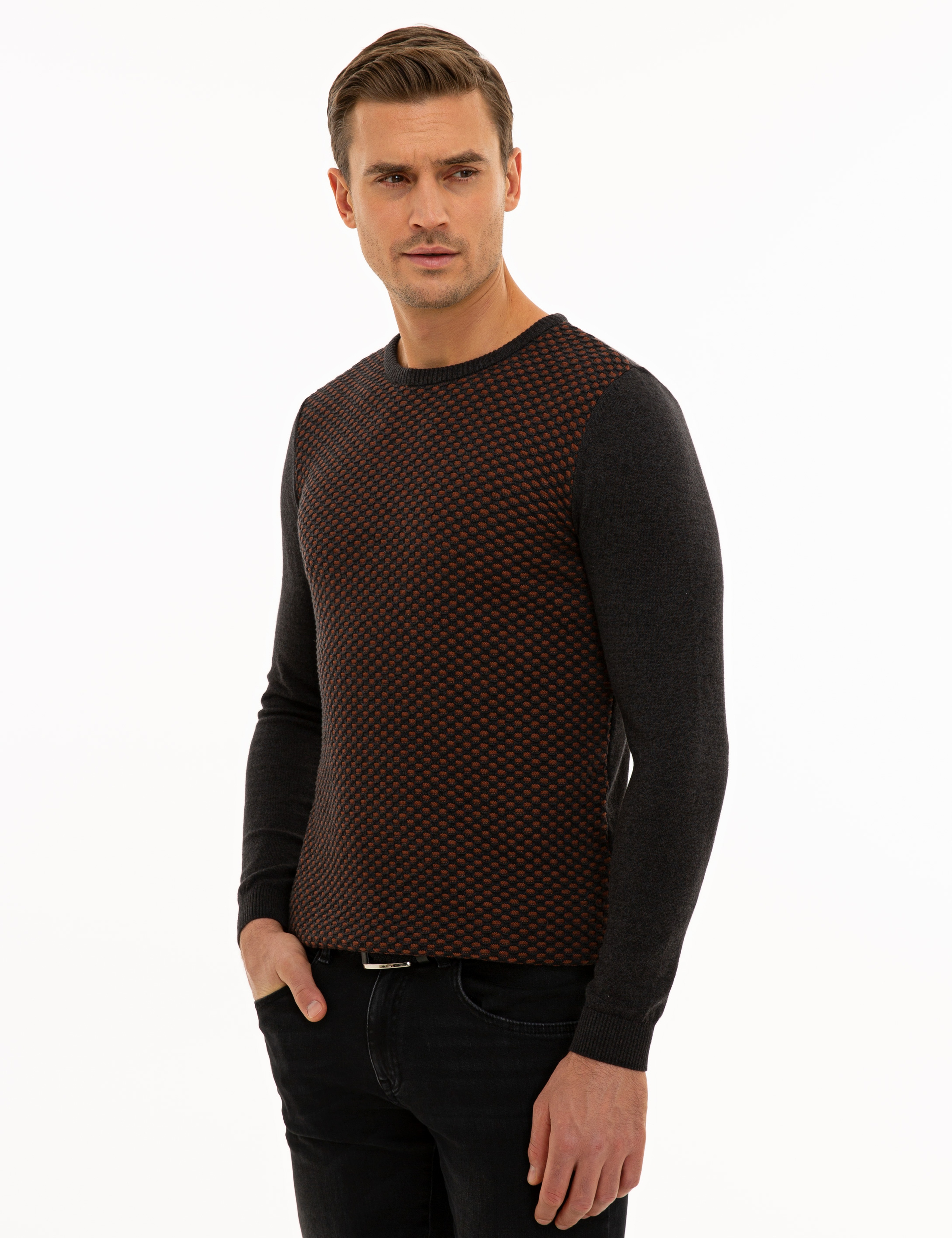 Antrasit Melanj Slim Fit Triko Kazak - Image 3