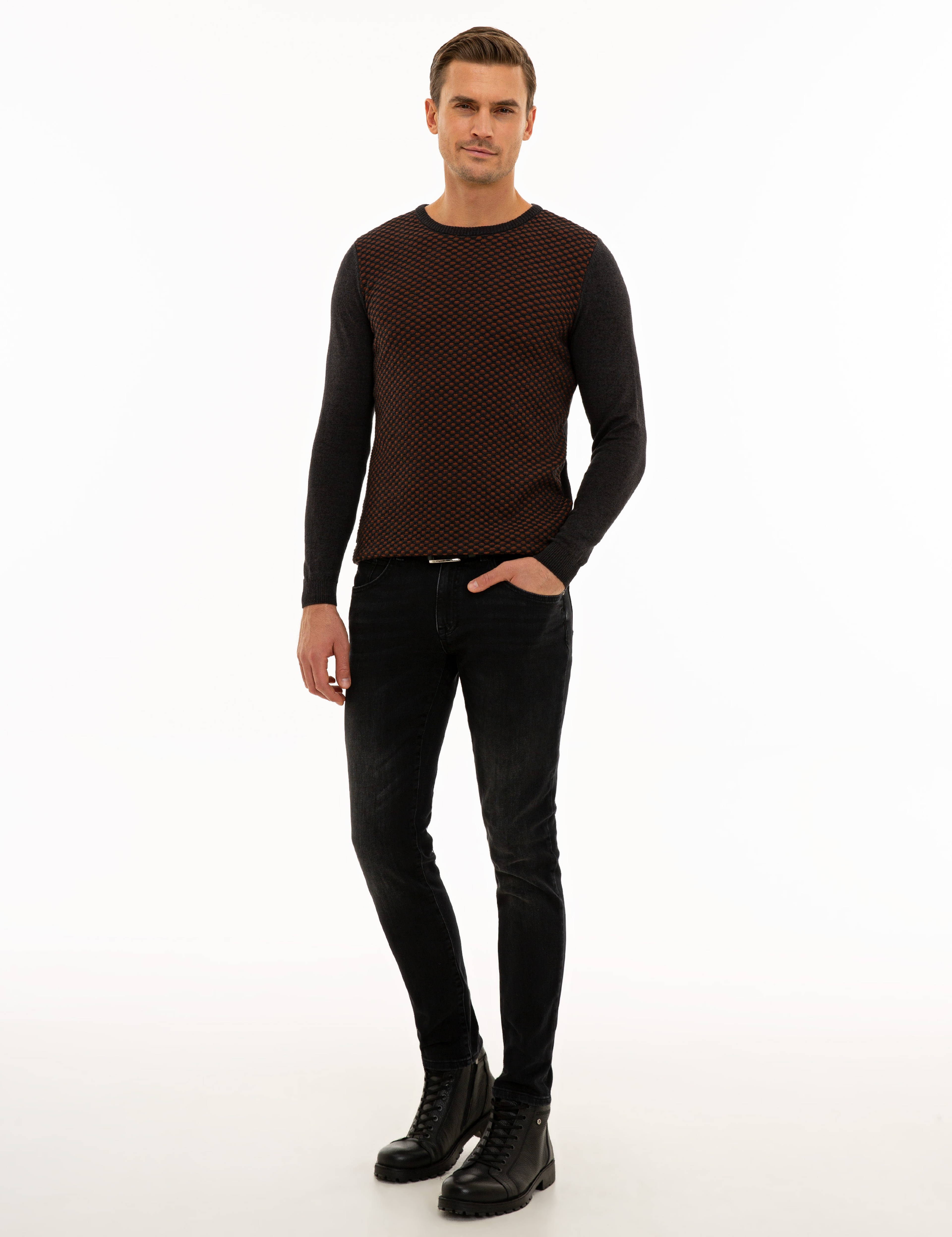 Antrasit Melanj Slim Fit Triko Kazak - Image 5
