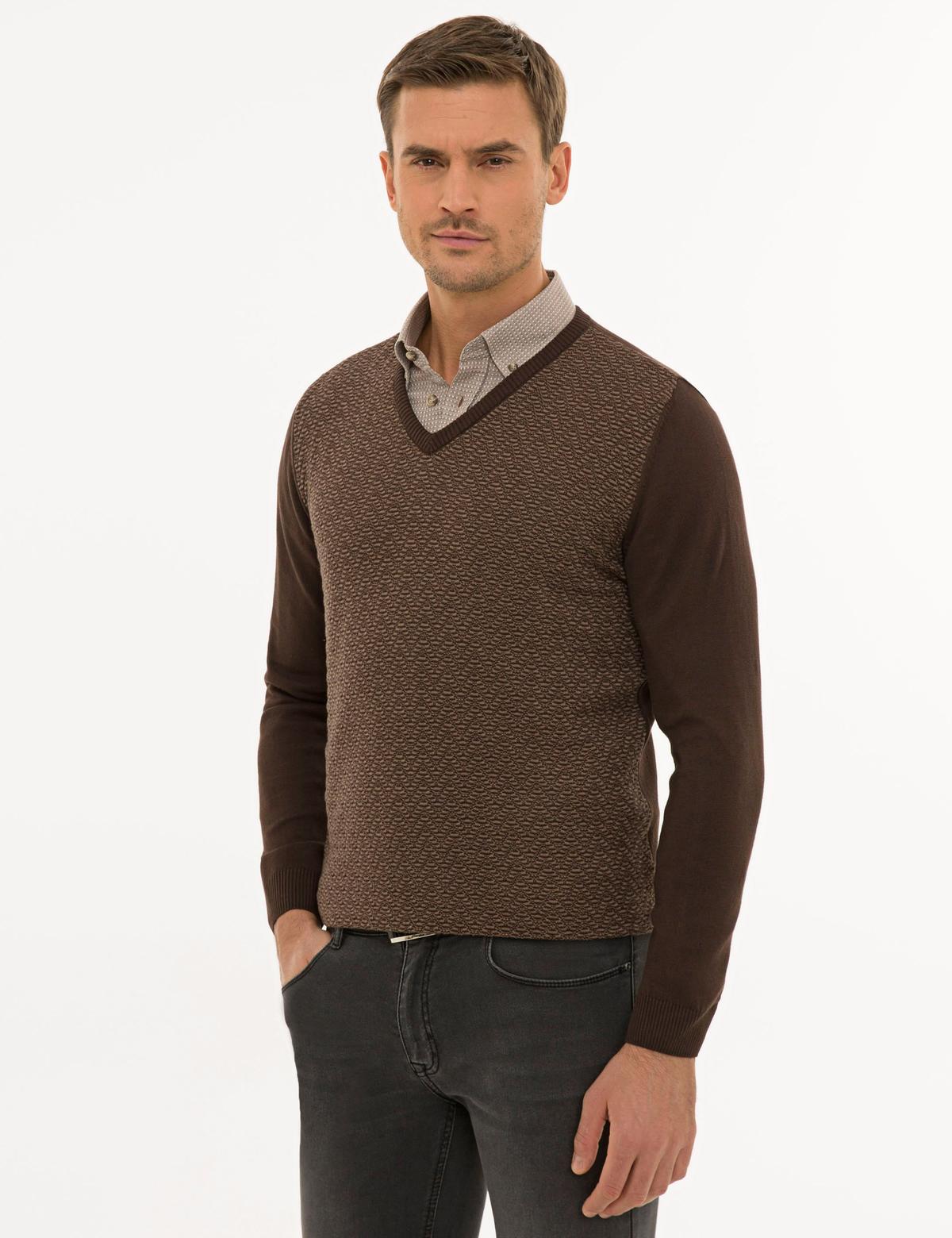 Koyu Kahverengi Slim Fit Triko Kazak - 50233718017