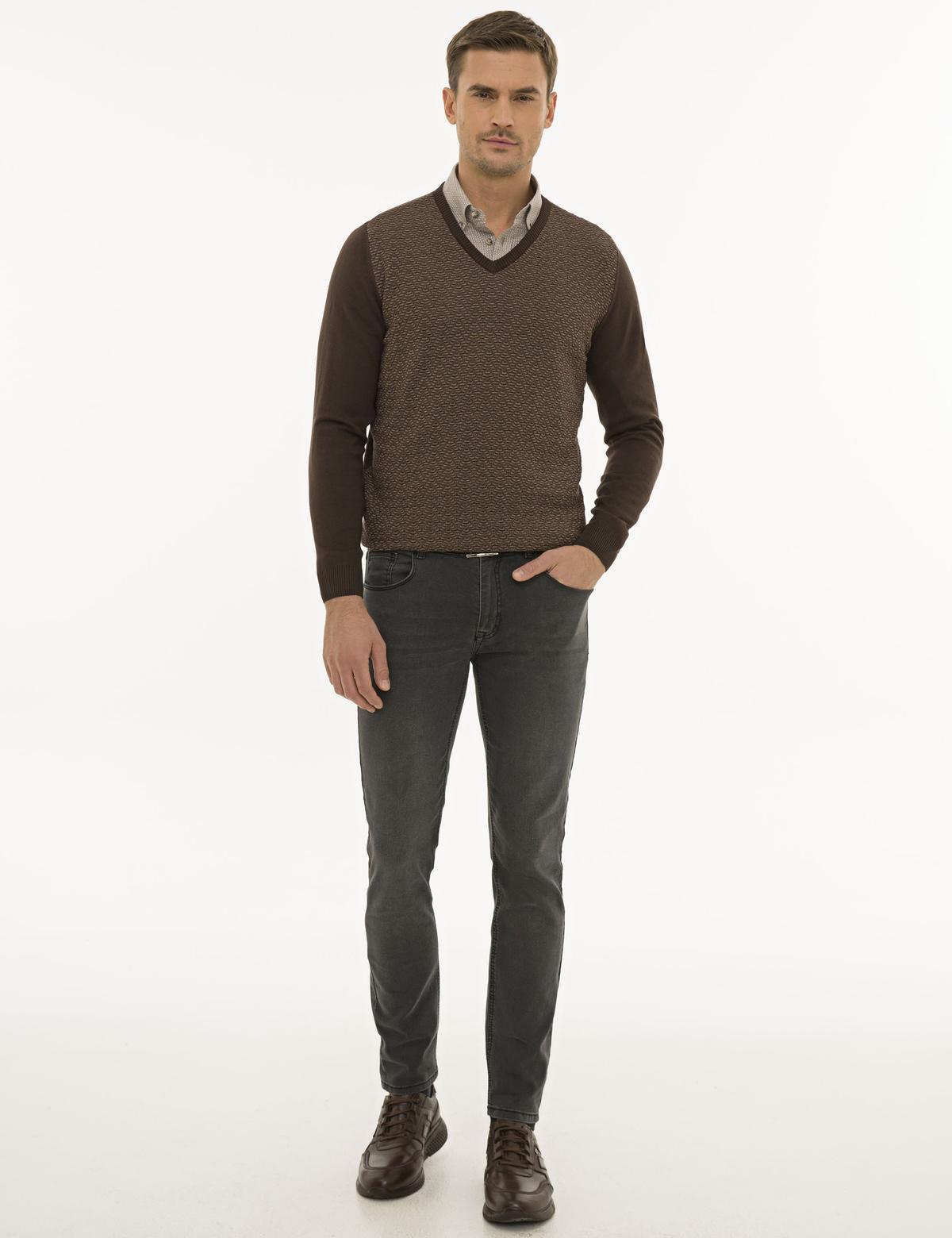 Koyu Kahverengi Slim Fit Triko Kazak - 50233718017