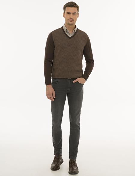 Koyu Kahverengi Slim Fit Triko Kazak - 50233718017