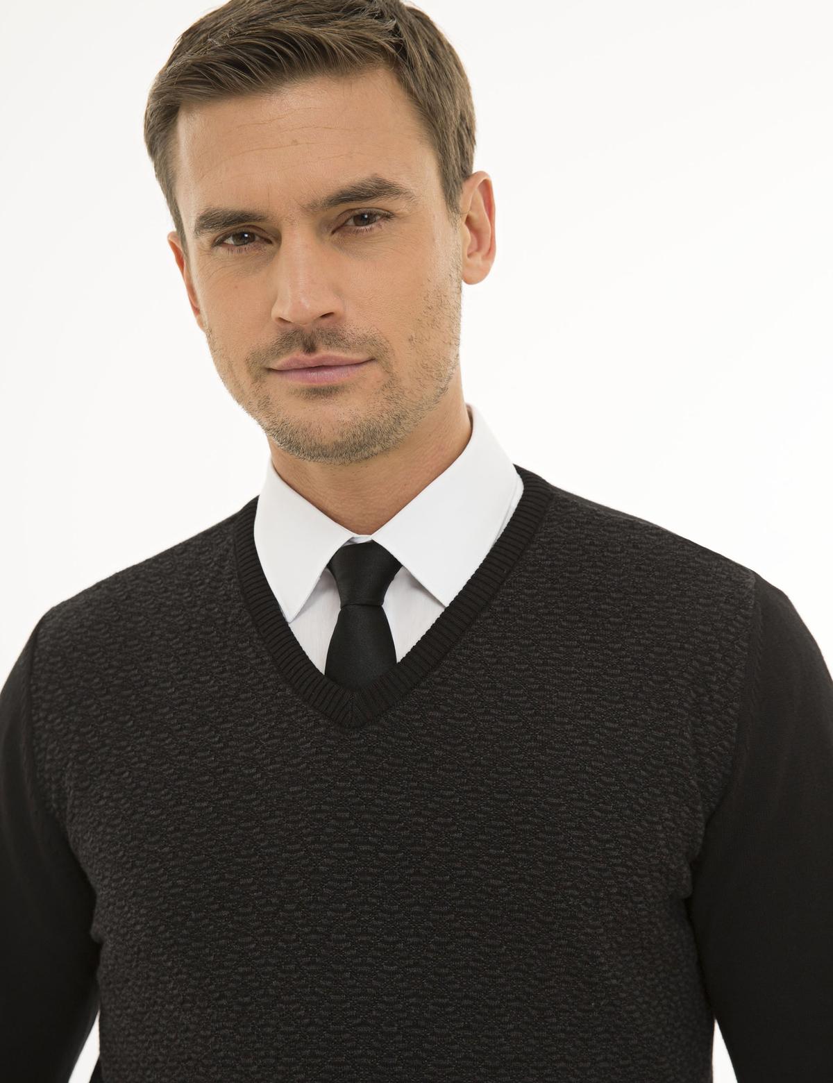 Siyah Slim Fit V Yaka Triko Kazak - 50233718027