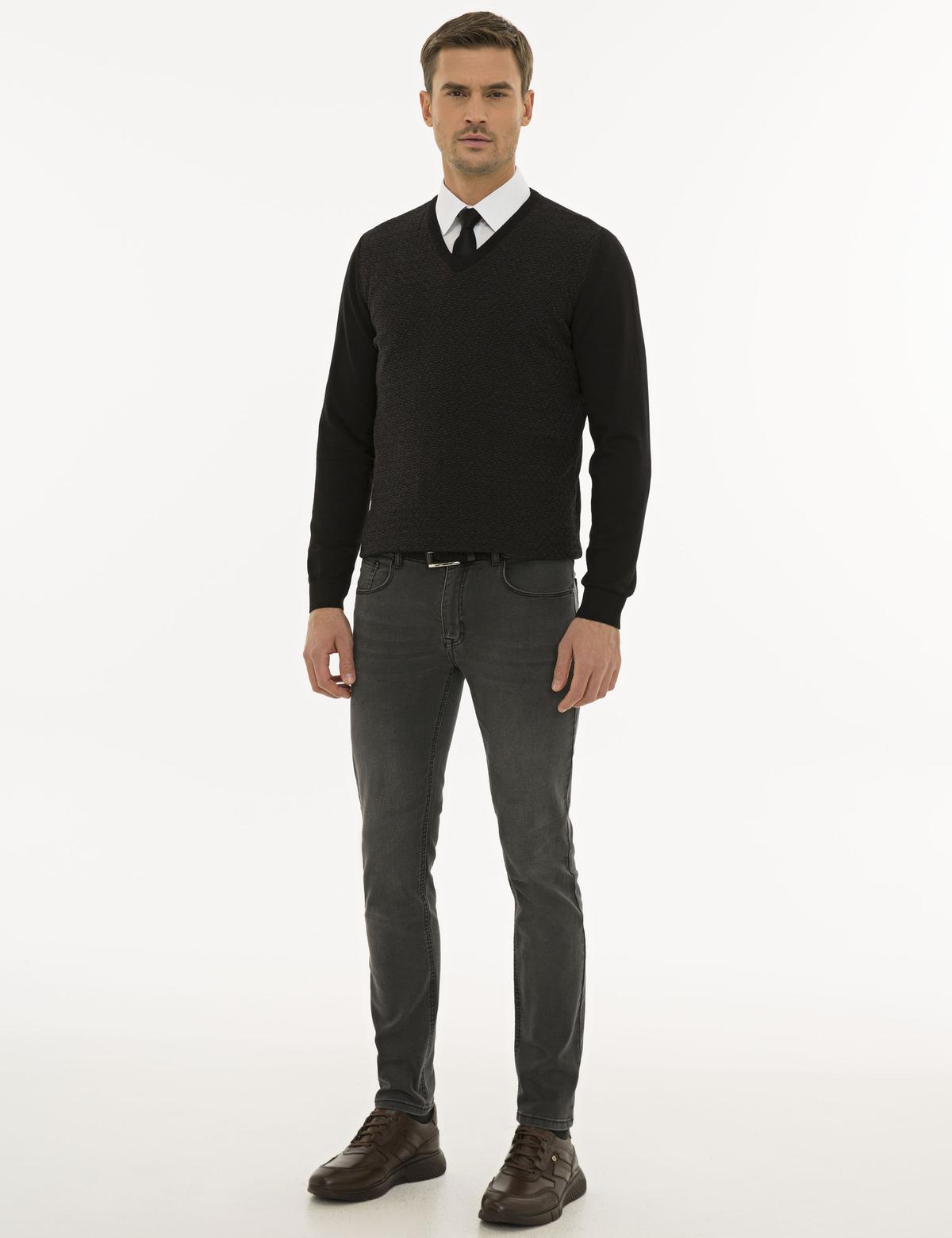 Siyah Slim Fit V Yaka Triko Kazak - 50233718027