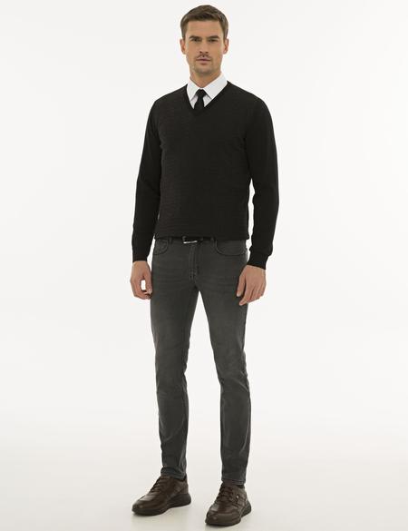 Siyah Slim Fit V Yaka Triko Kazak - 50233718027