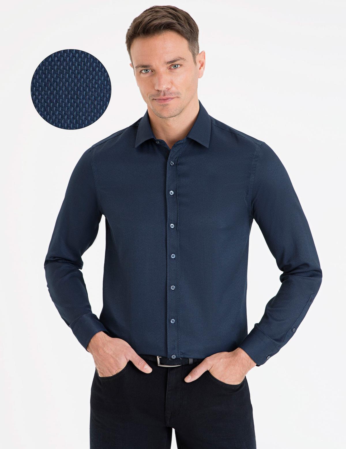 Lacivert Slim Fit Armürlü Gömlek