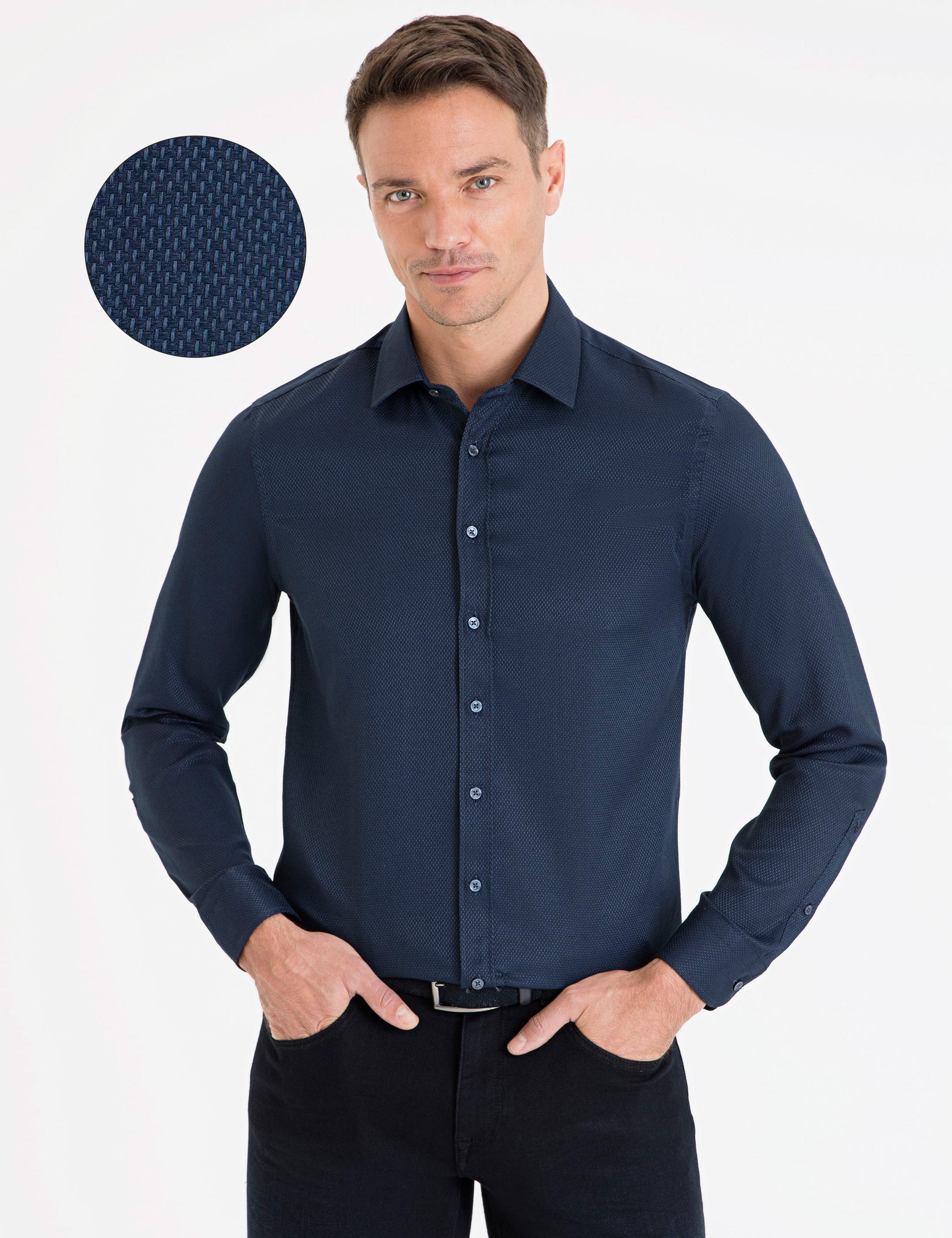 Lacivert Slim Fit Armürlü Gömlek