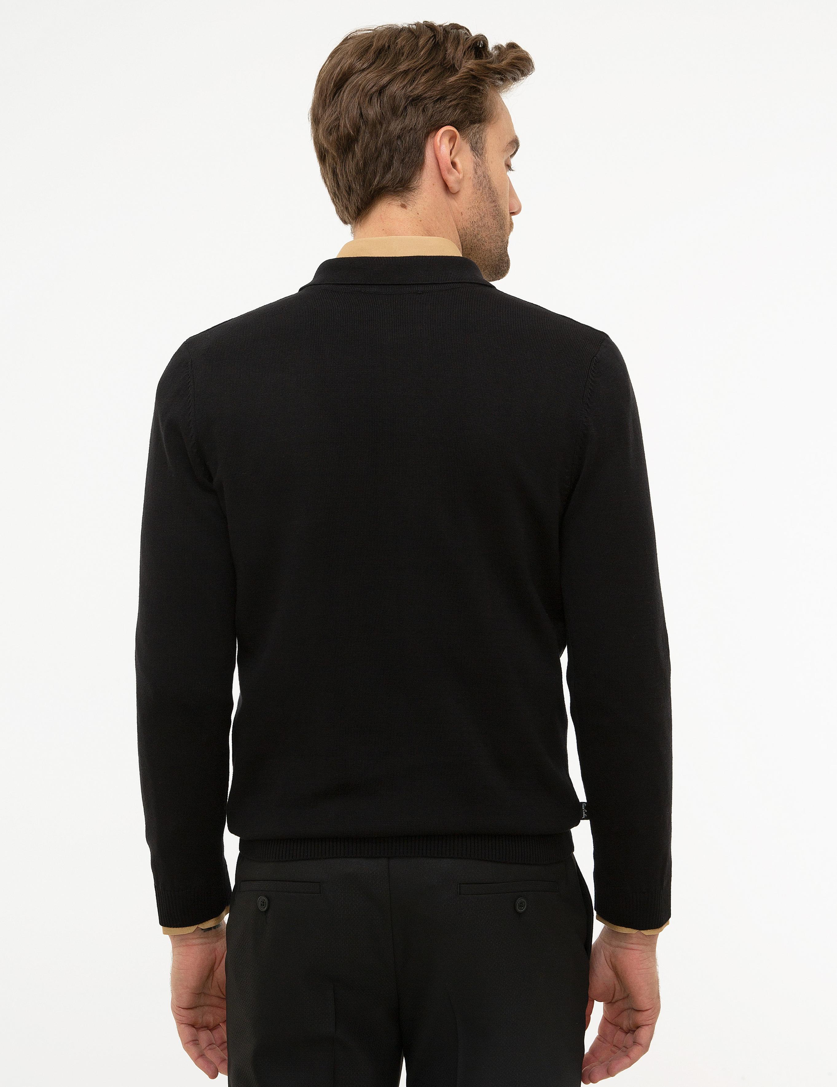 Siyah Slim Fit Polo Yaka Basic Triko Kazak