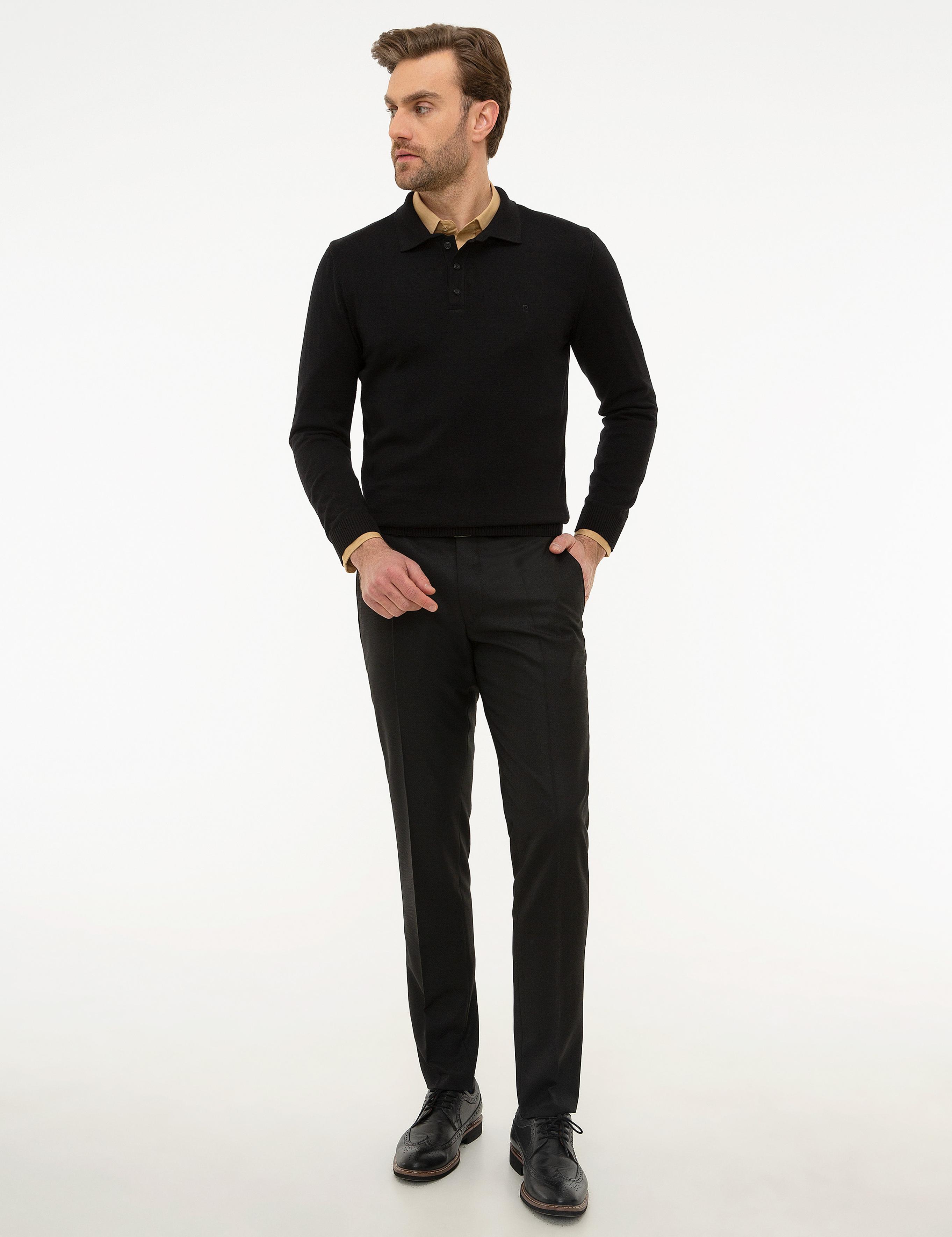 Siyah Slim Fit Polo Yaka Basic Triko Kazak