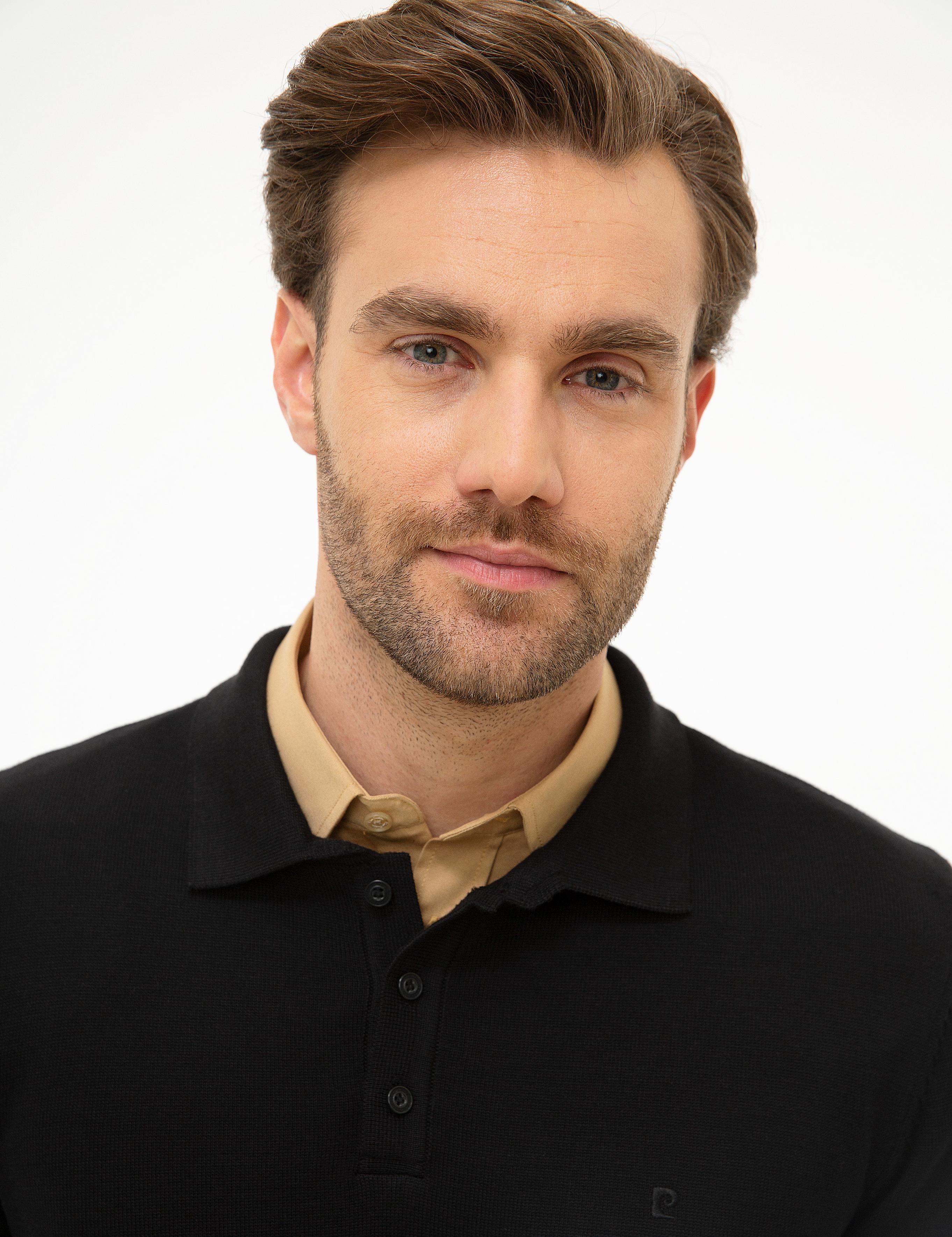 Siyah Slim Fit Polo Yaka Basic Triko Kazak