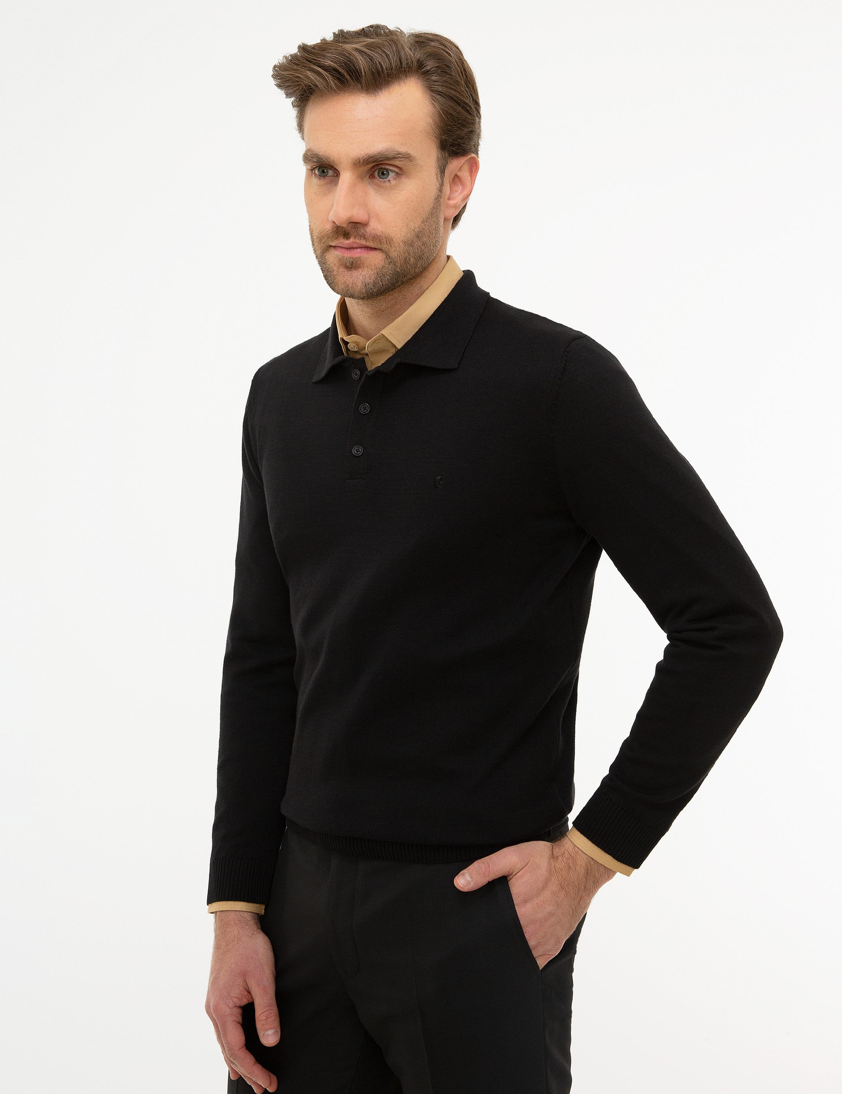 Siyah Slim Fit Polo Yaka Basic Triko Kazak