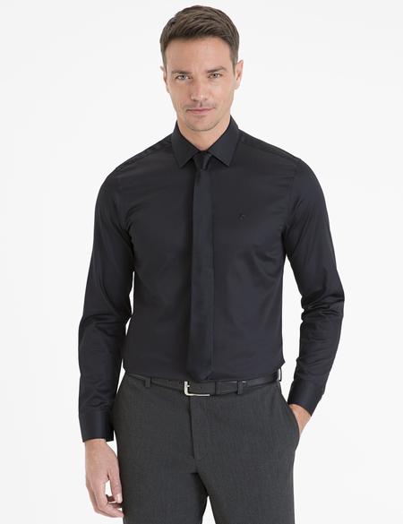 Siyah Slim Fit Uzun Kollu Basic Gömlek - 50223100014