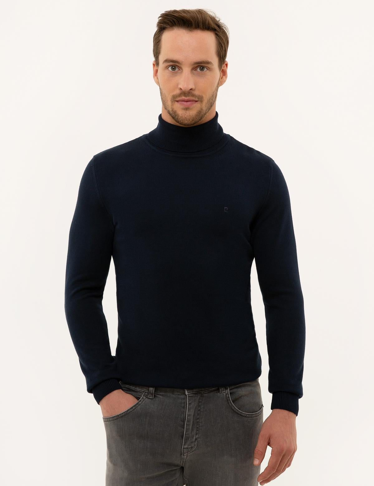 Lacivert Slim Fit Balıkçı Yaka Basic Triko Kazak