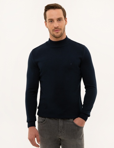 Lacivert Slim Fit Yarım Balıkçı Yaka Basic Triko Kazak